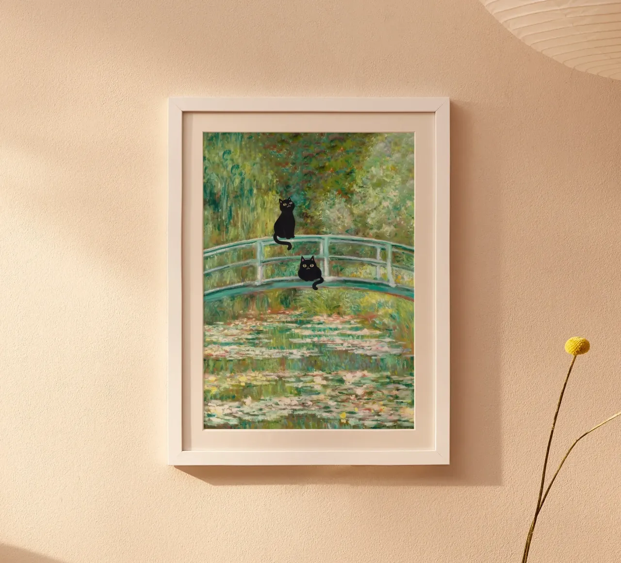Il ponte dello stagno delle ninfee con i gatti di Monet poster con telaio in plastica da clay bobby
