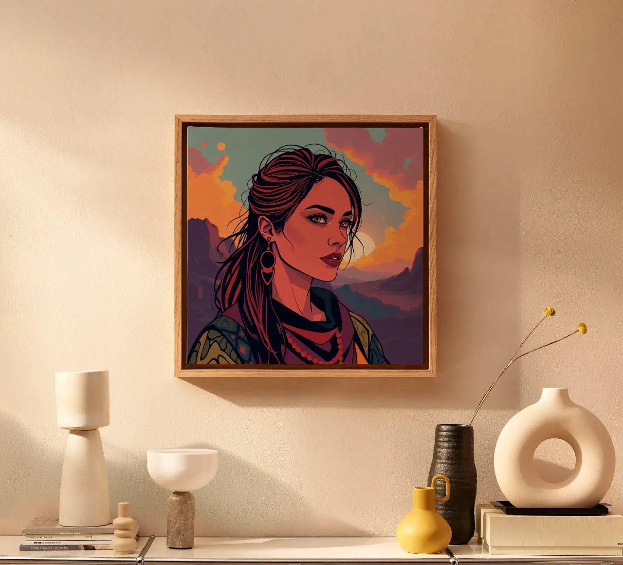Geïllustreerd vrouwenportret met achtergrond van bergzonsondergang canvas met Baklijst van DesignDoodle