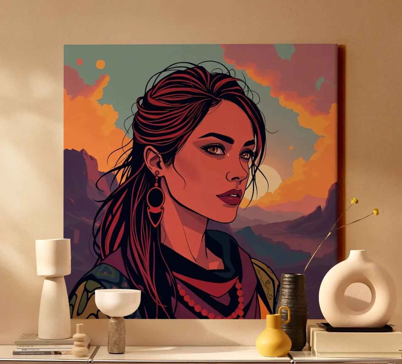 Geïllustreerd vrouwenportret met achtergrond van bergzonsondergang canvas met Baklijst van DesignDoodle