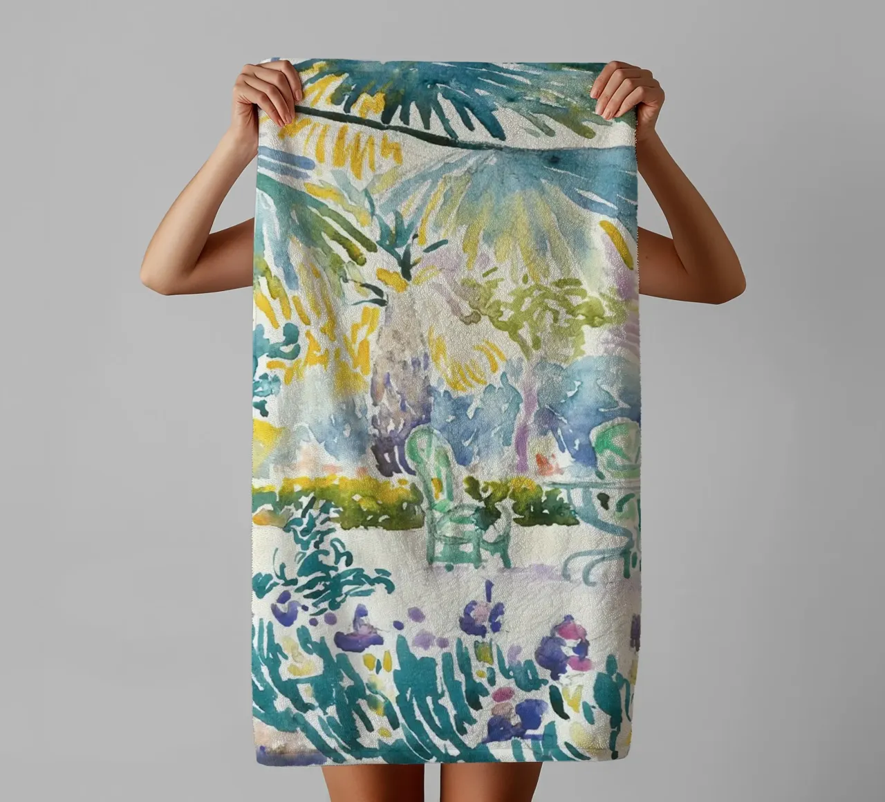 palm trees chairs table garden towel by Graham Robertson