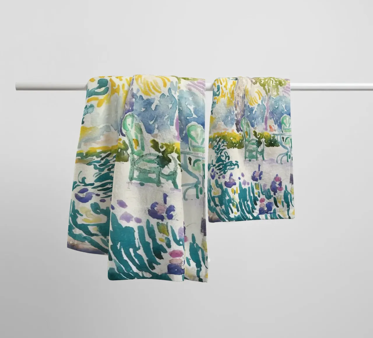 palm trees chairs table garden towel by Graham Robertson
