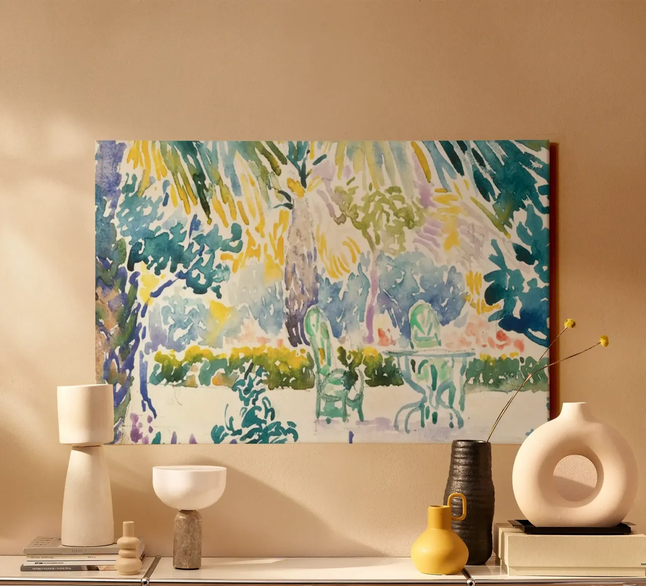 palm trees chairs table garden canvas with Floater frame by Graham Robertson