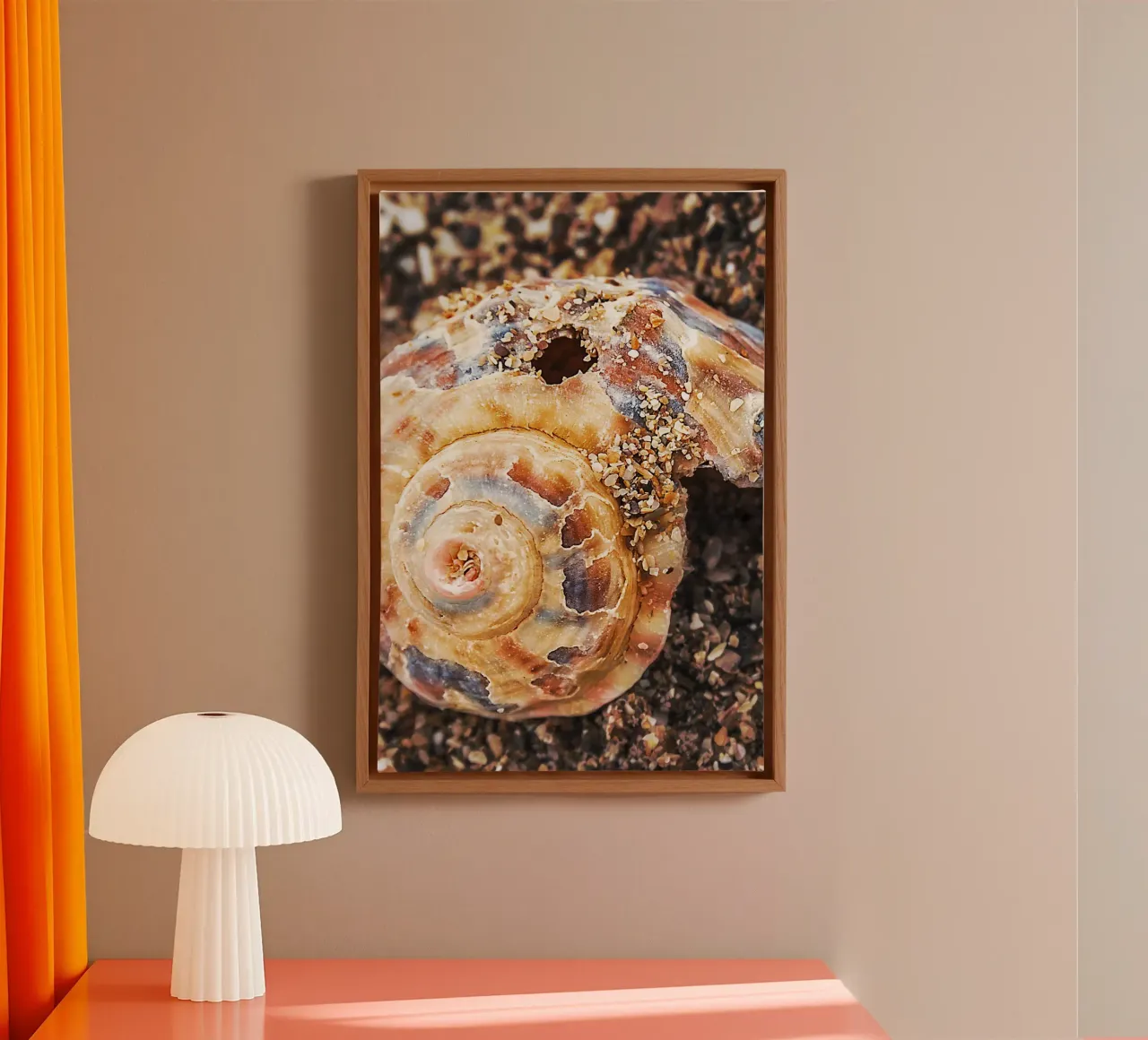 Broken Shell on Sand – Minimalist Beach Nature Photography canvas with Floater frame by jay