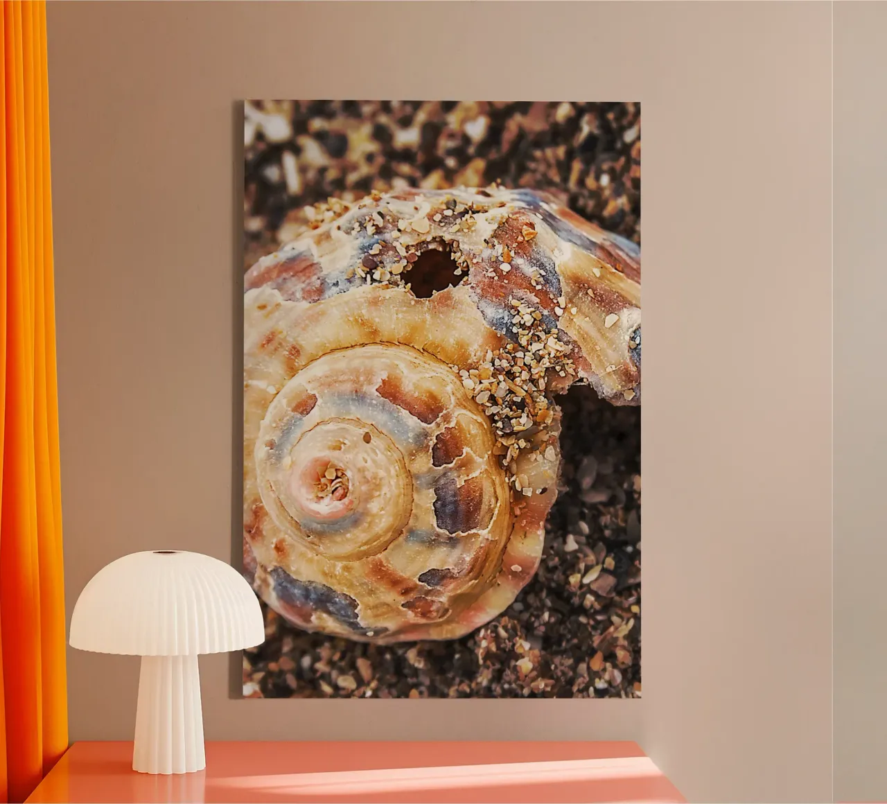 Broken Shell on Sand – Minimalist Beach Nature Photography canvas with Floater frame by jay