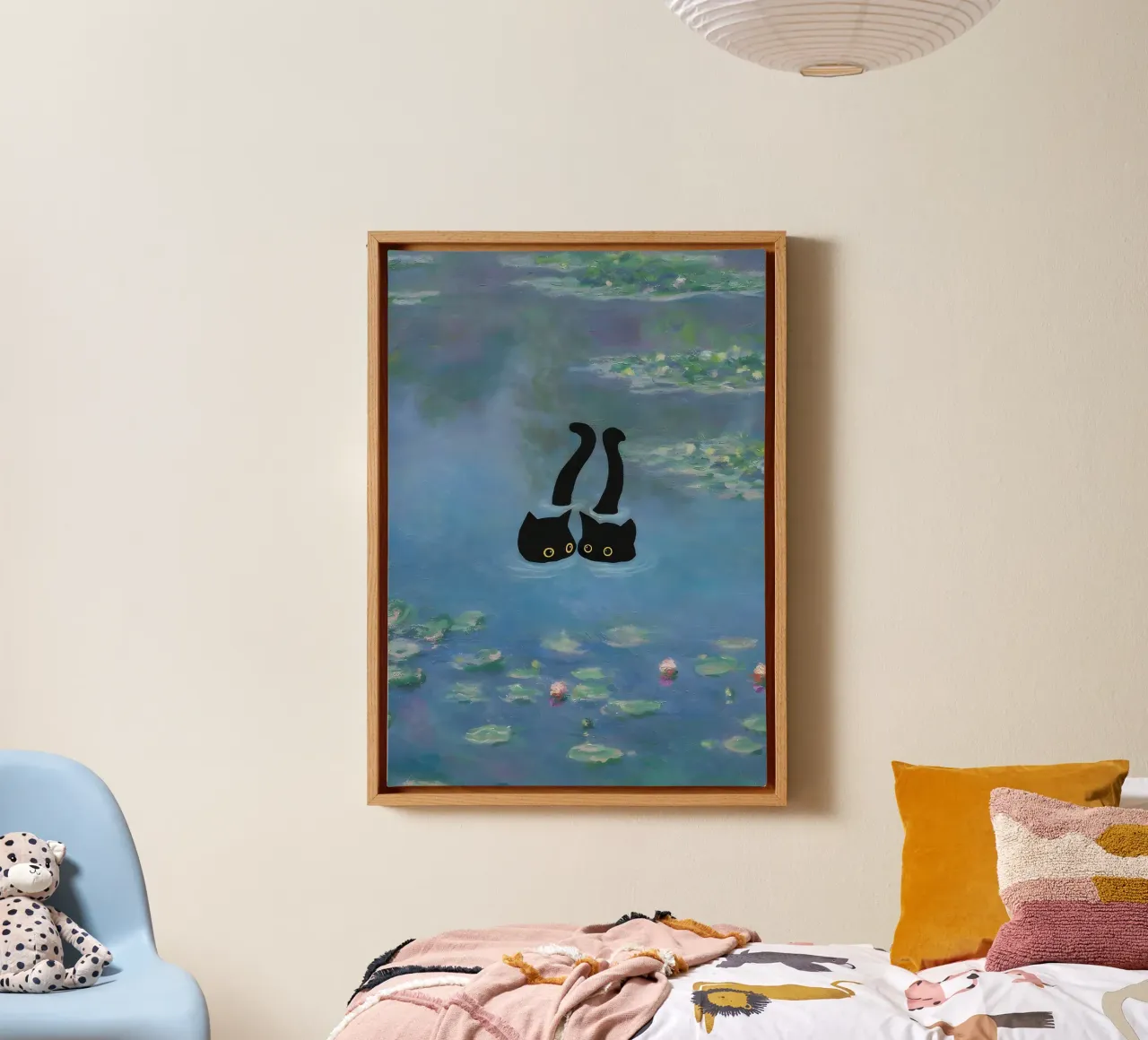 Twee katten print Monet Waterlelie canvas met Baklijst van clay bobby