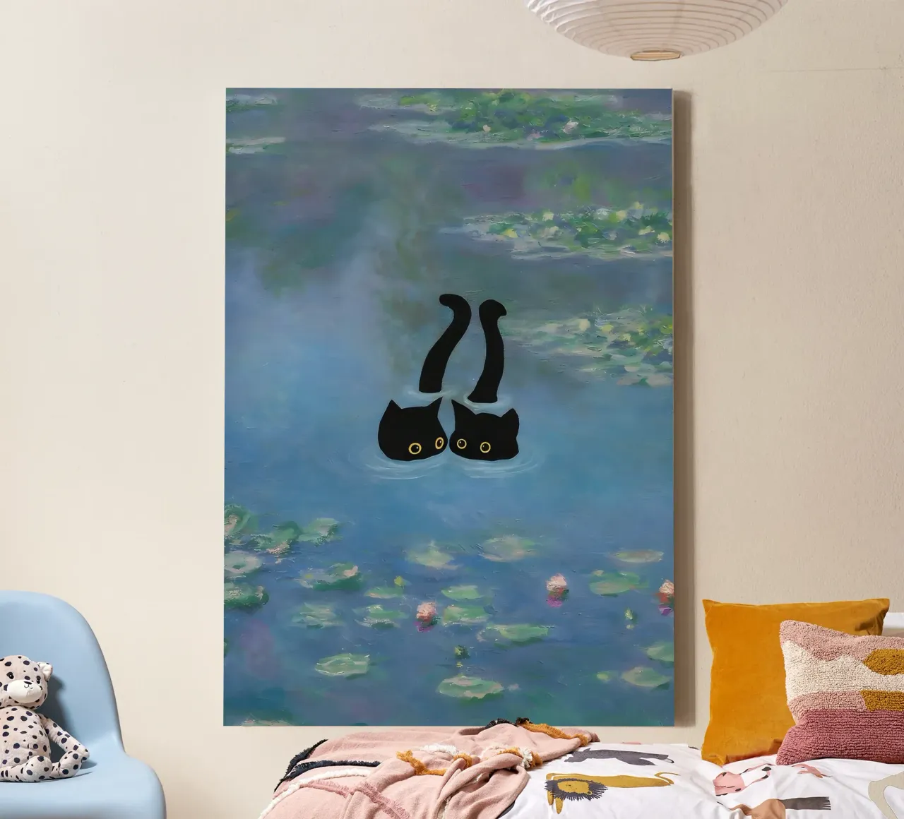Twee katten print Monet Waterlelie canvas met Baklijst van clay bobby