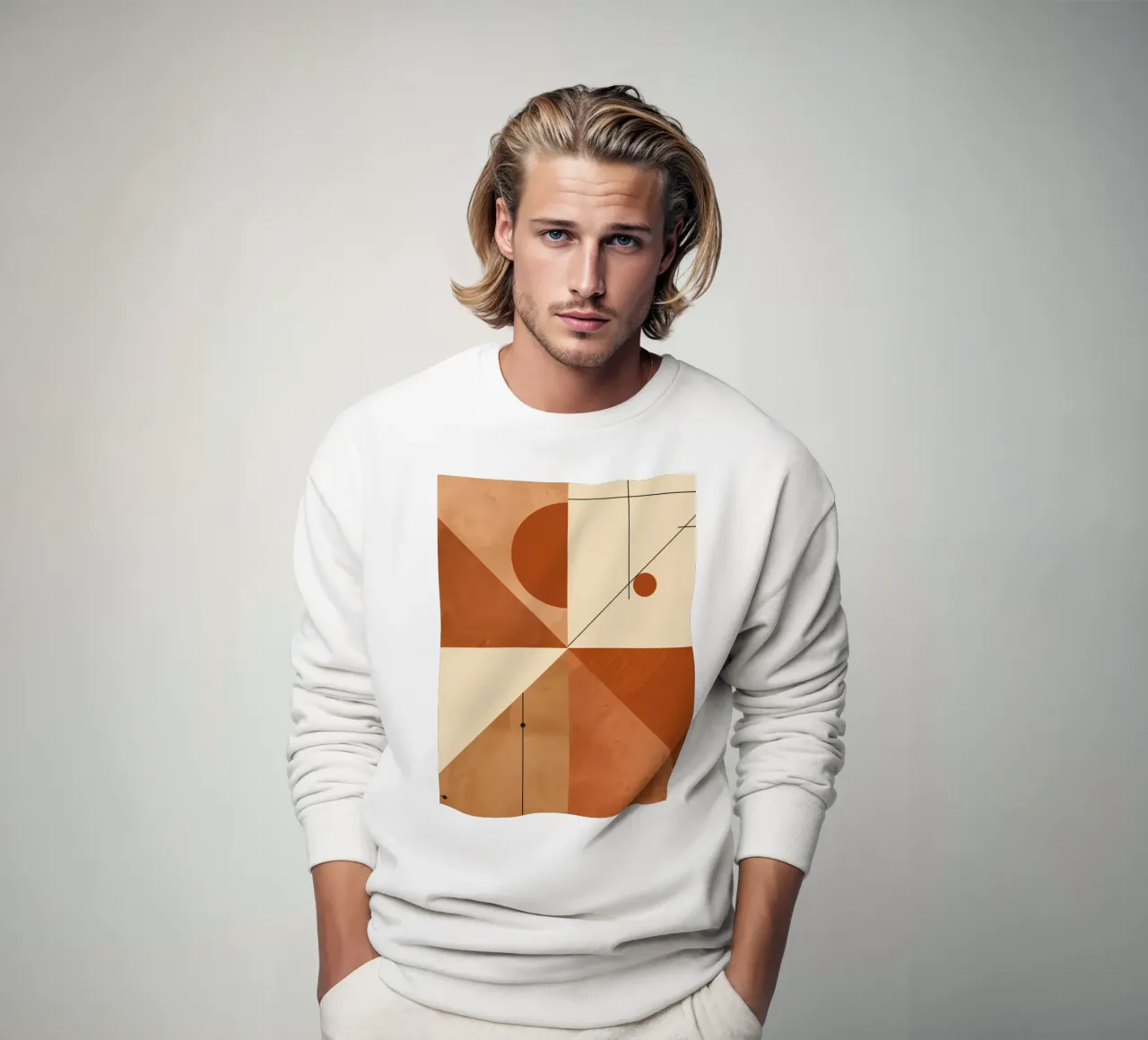 Geometric Abstract with Triangles Circles and Lines in Beige sweatshirt by DesignDoodle