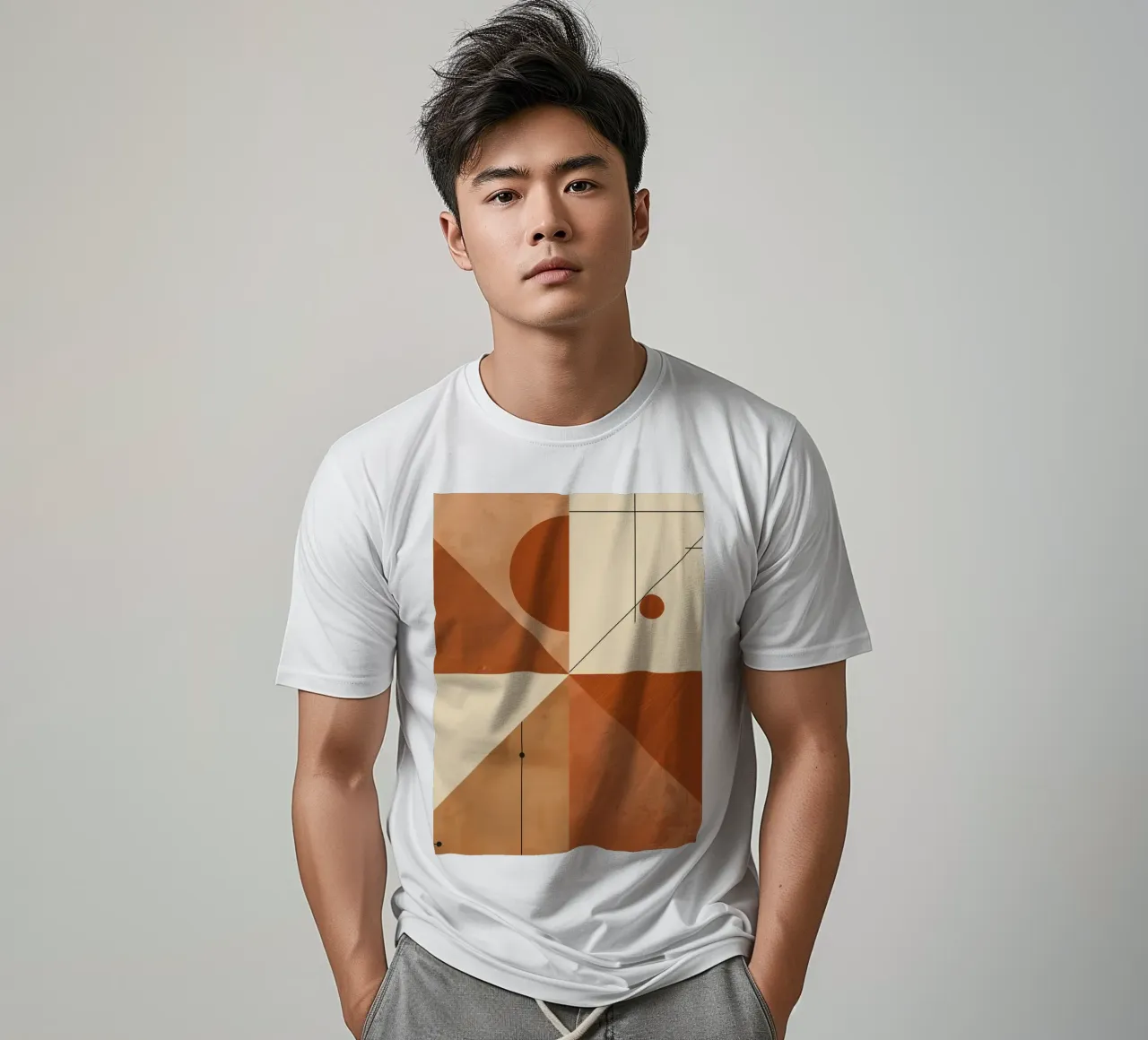 Geometrisch abstract met driehoeken cirkels en lijnen in beige t-shirt van DesignDoodle