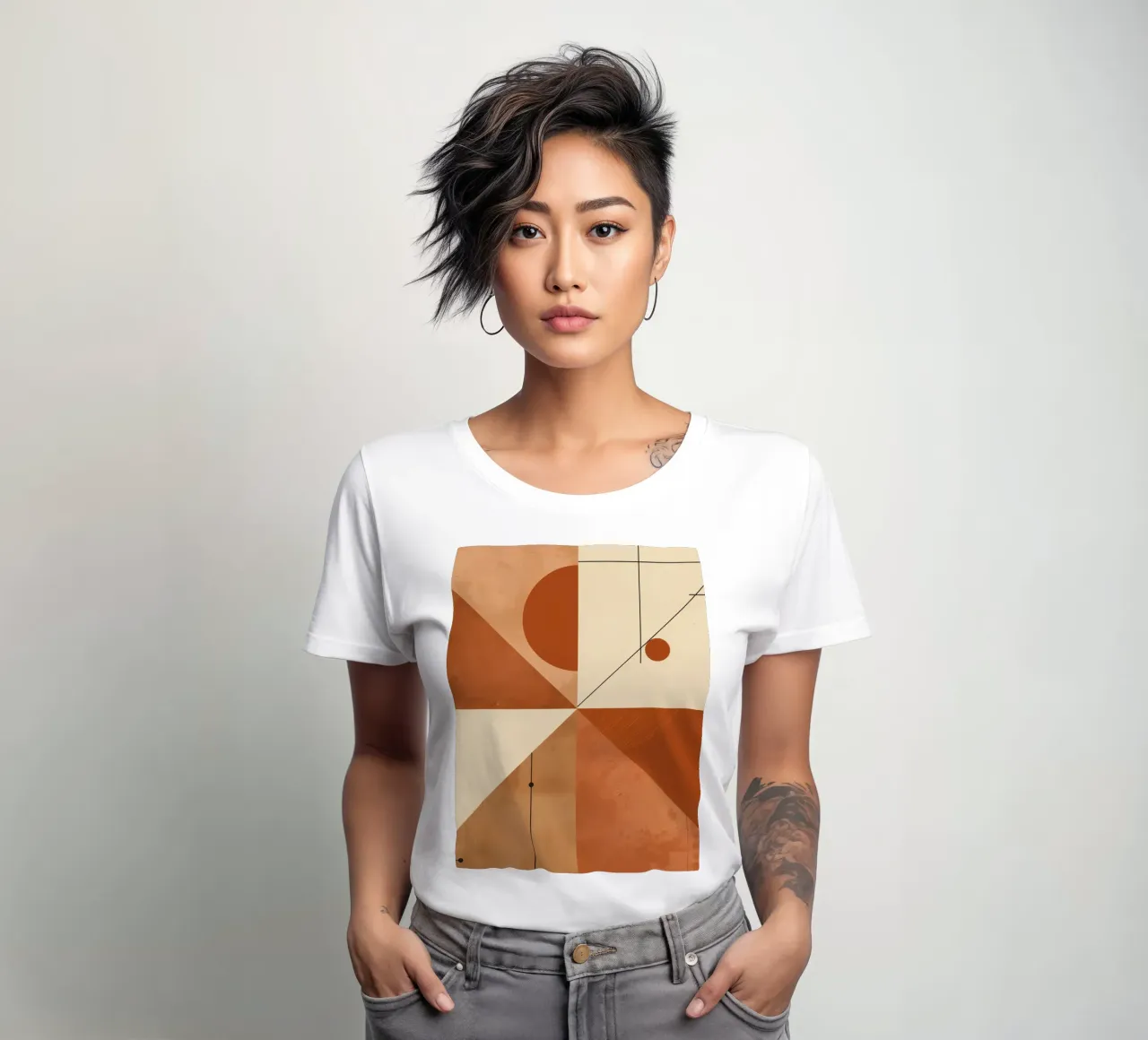 Geometric Abstract with Triangles Circles and Lines in Beige women's fitted t-shirt by DesignDoodle