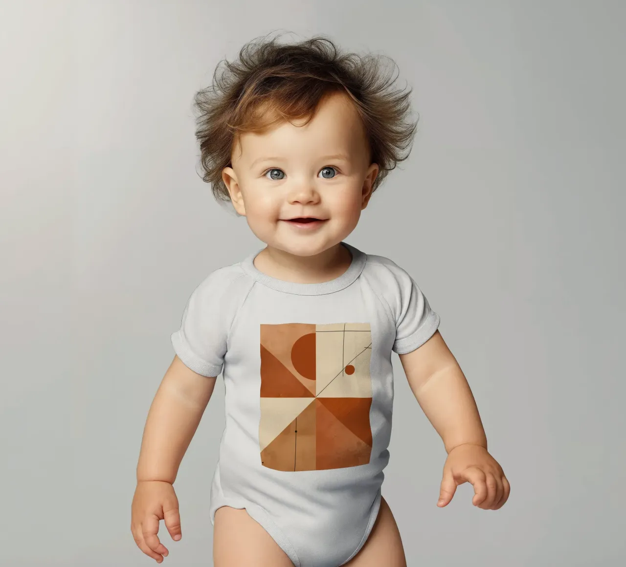 Geometric Abstract with Triangles Circles and Lines in Beige short-sleeve baby romper by DesignDoodle