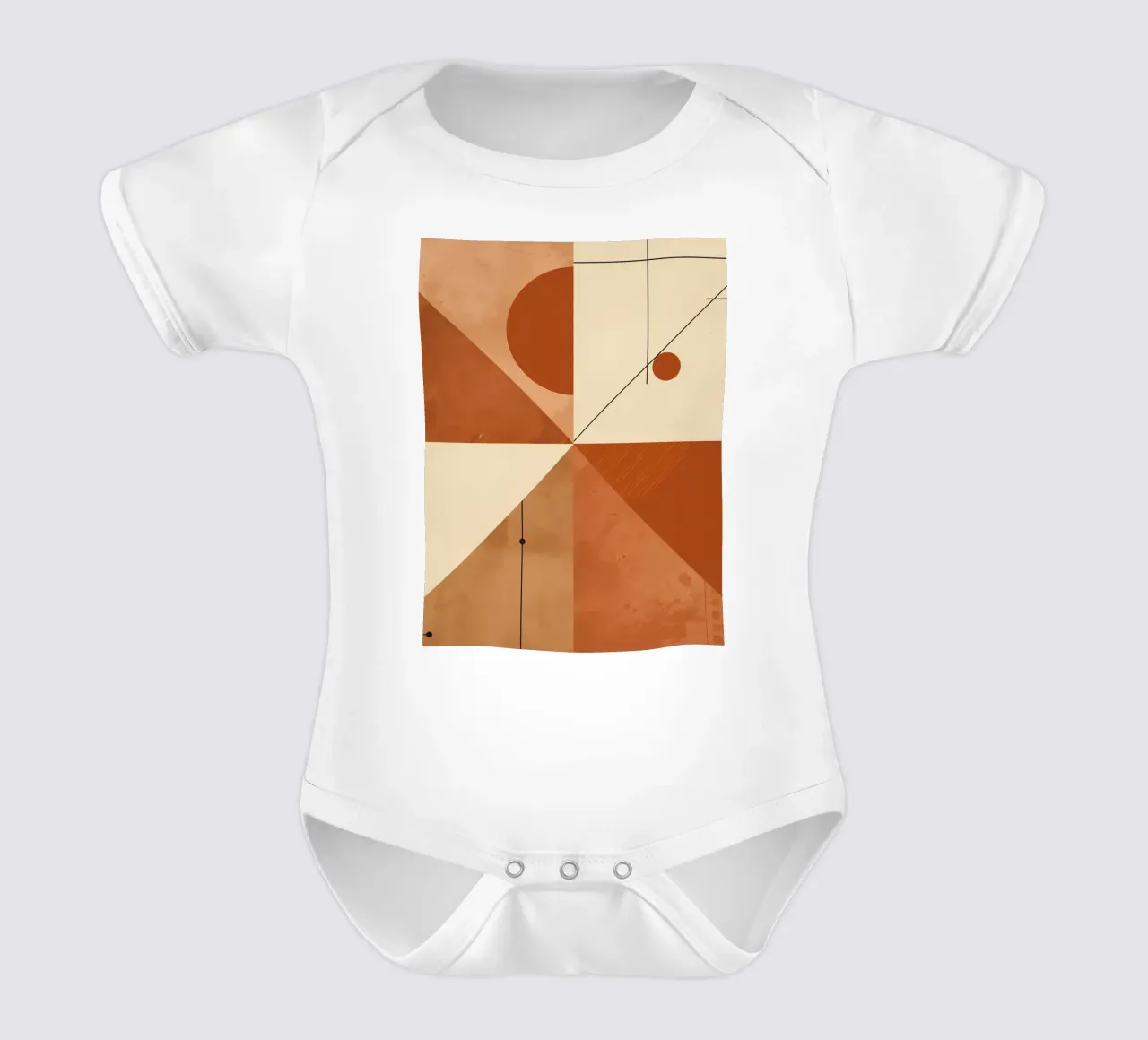 Geometric Abstract with Triangles Circles and Lines in Beige short-sleeve baby romper by DesignDoodle