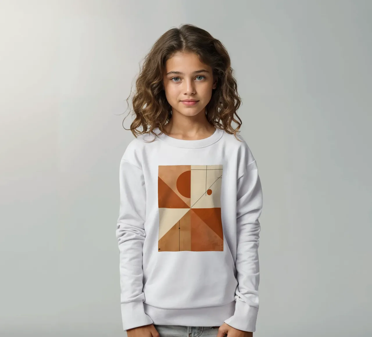 Geometric Abstract with Triangles Circles and Lines in Beige kids sweatshirt by DesignDoodle