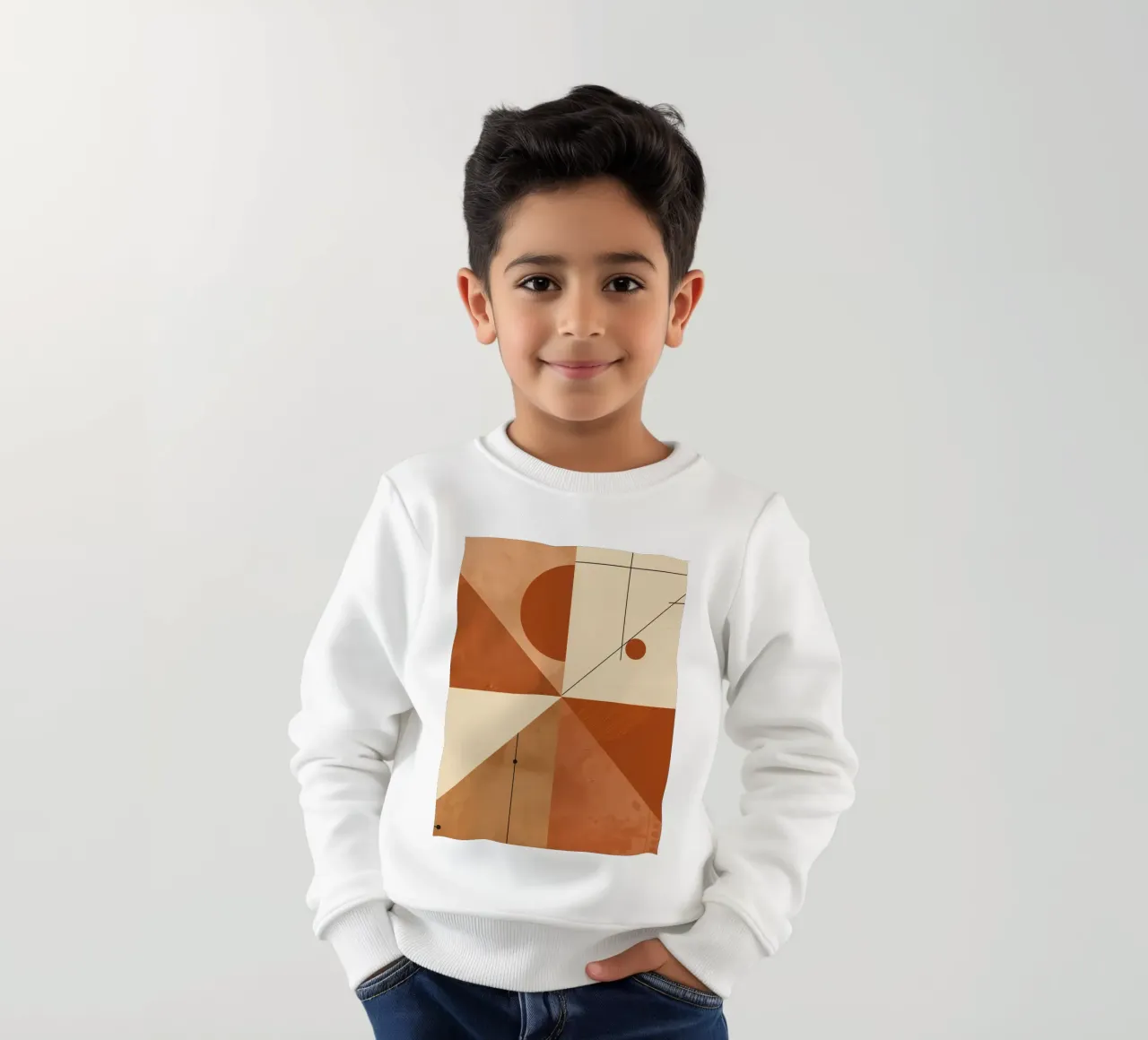 Geometric Abstract with Triangles Circles and Lines in Beige kids sweatshirt by DesignDoodle