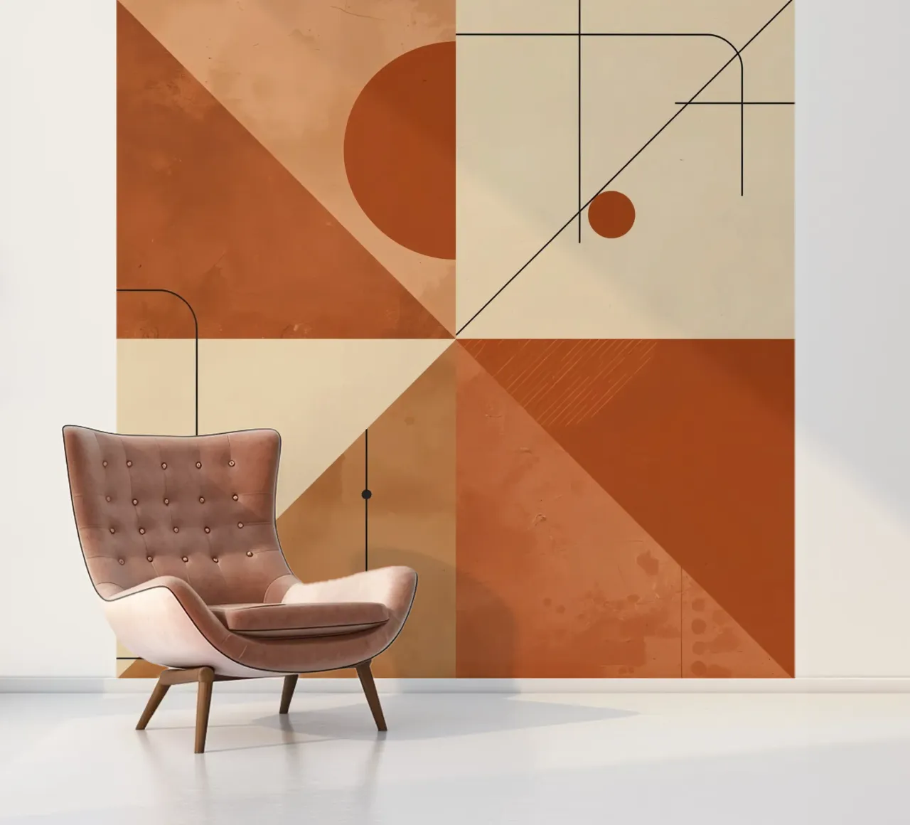 Geometric Abstract with Triangles Circles and Lines in Beige photo wallpaper by DesignDoodle