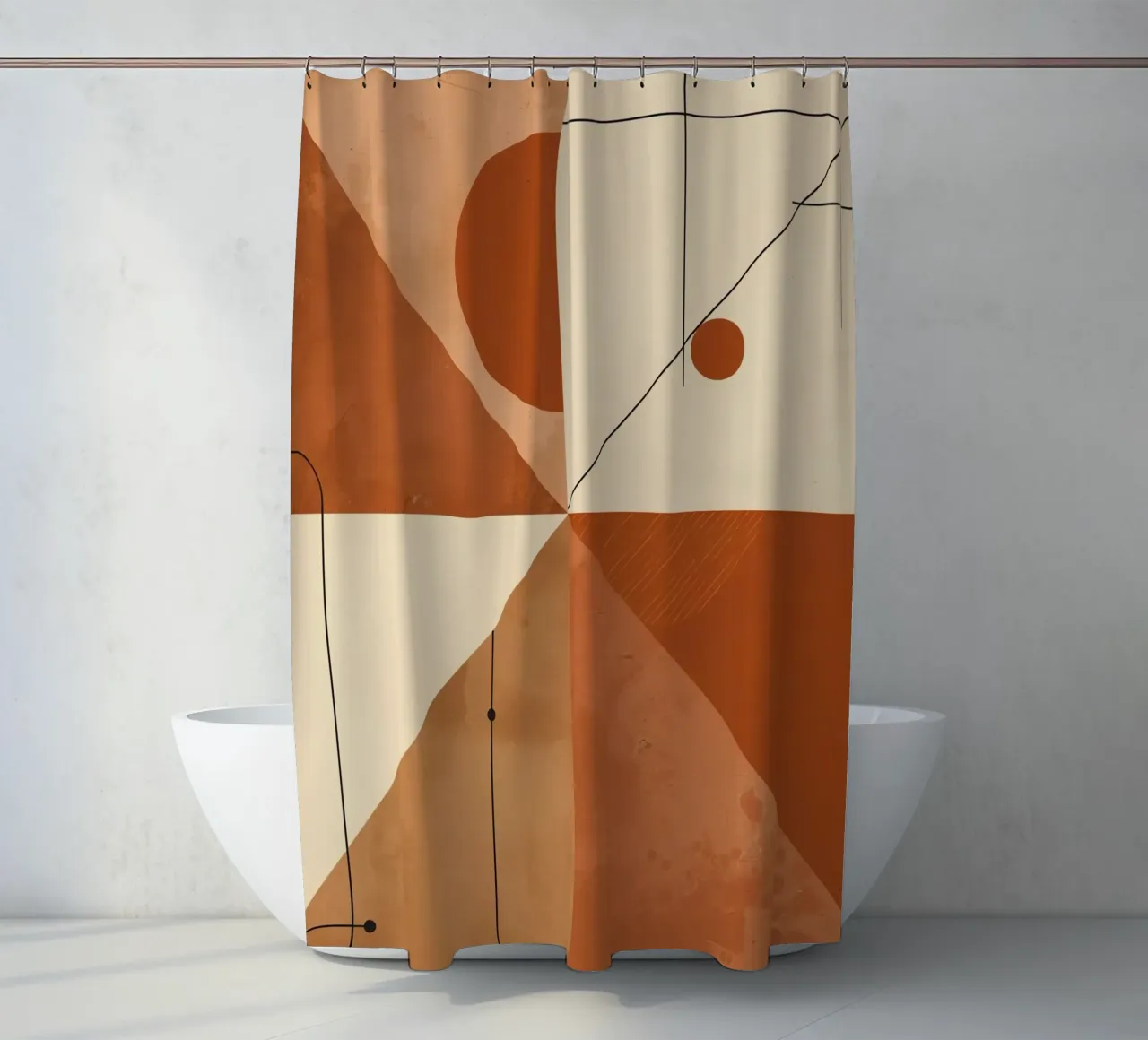 Geometric Abstract with Triangles Circles and Lines in Beige shower curtain by DesignDoodle