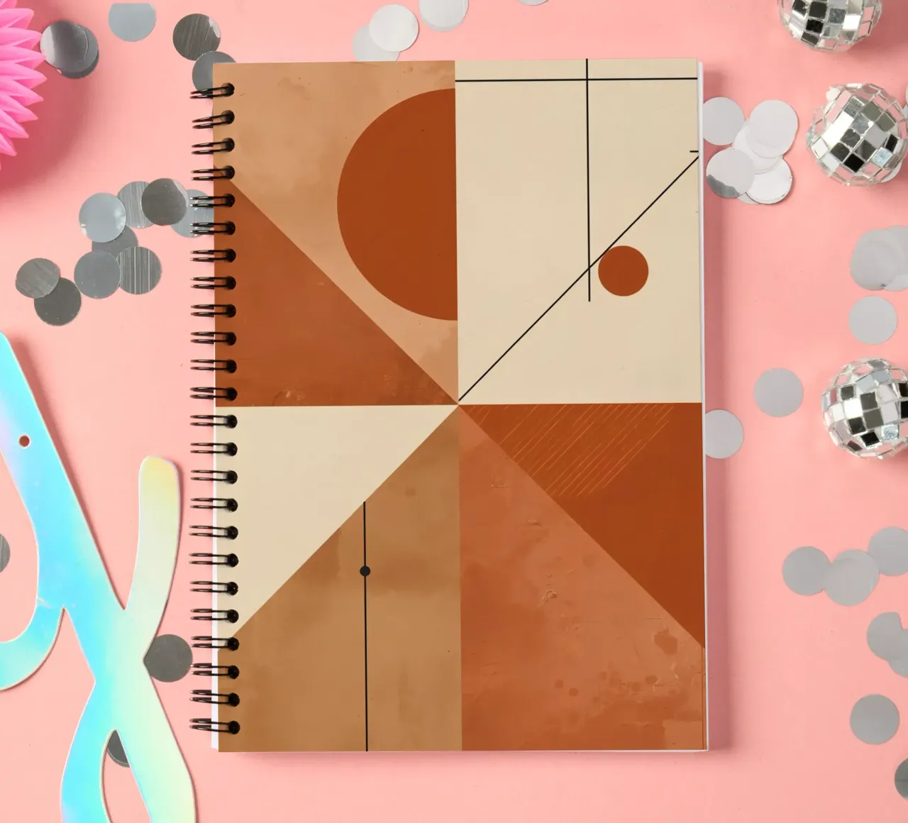 Geometric Abstract with Triangles Circles and Lines in Beige spiral notebook by DesignDoodle
