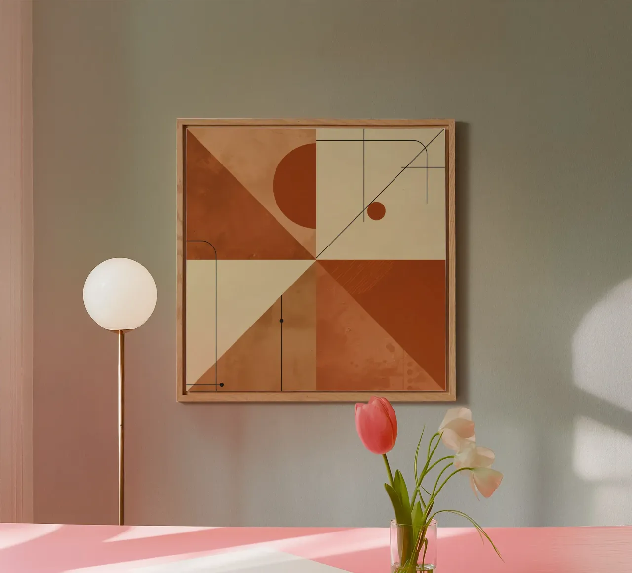 Geometric Abstract with Triangles Circles and Lines in Beige forex plate by DesignDoodle