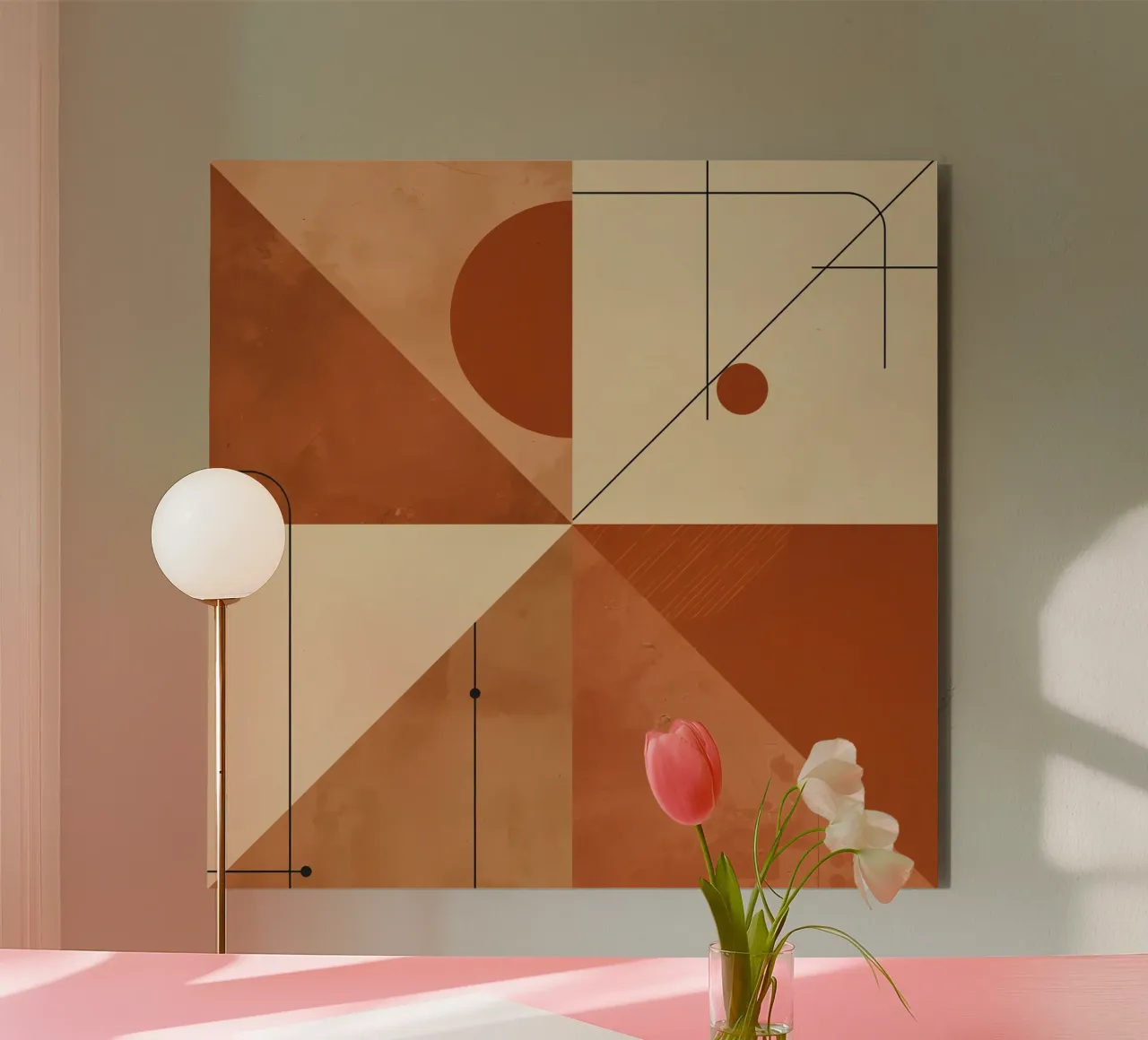 Geometric Abstract with Triangles Circles and Lines in Beige forex plate by DesignDoodle