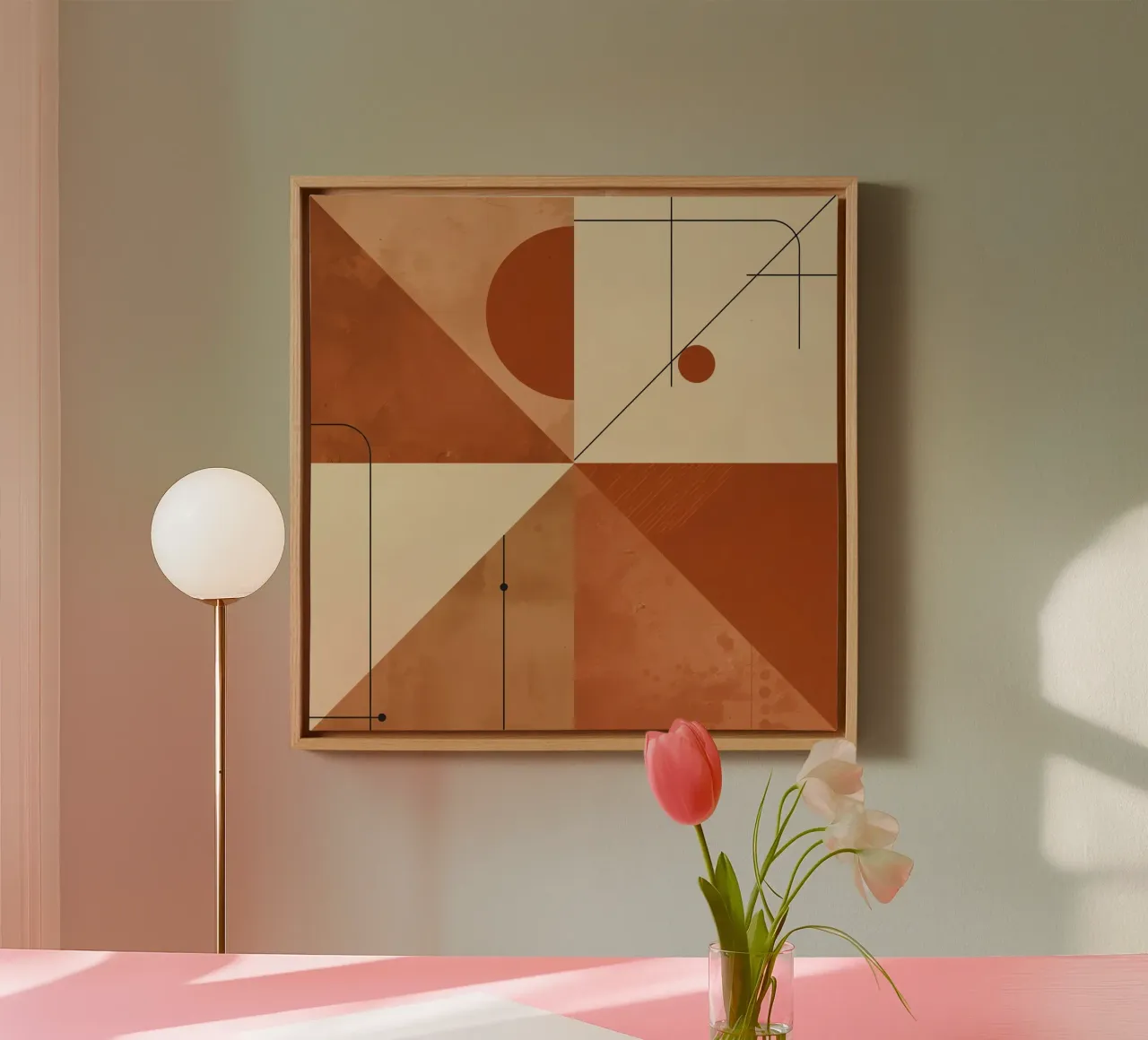 Astratto geometrico con triangoli, cerchi e linee in beige tela con Cornice a cassetta da DesignDoodle