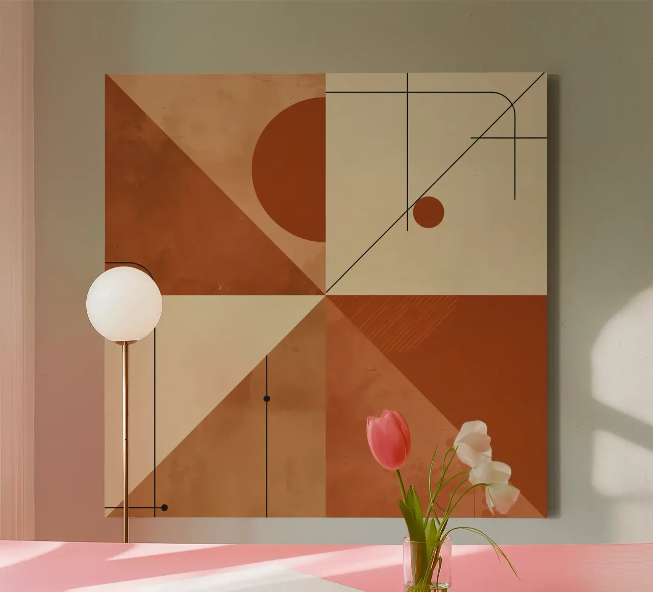 Astratto geometrico con triangoli, cerchi e linee in beige tela con Cornice a cassetta da DesignDoodle