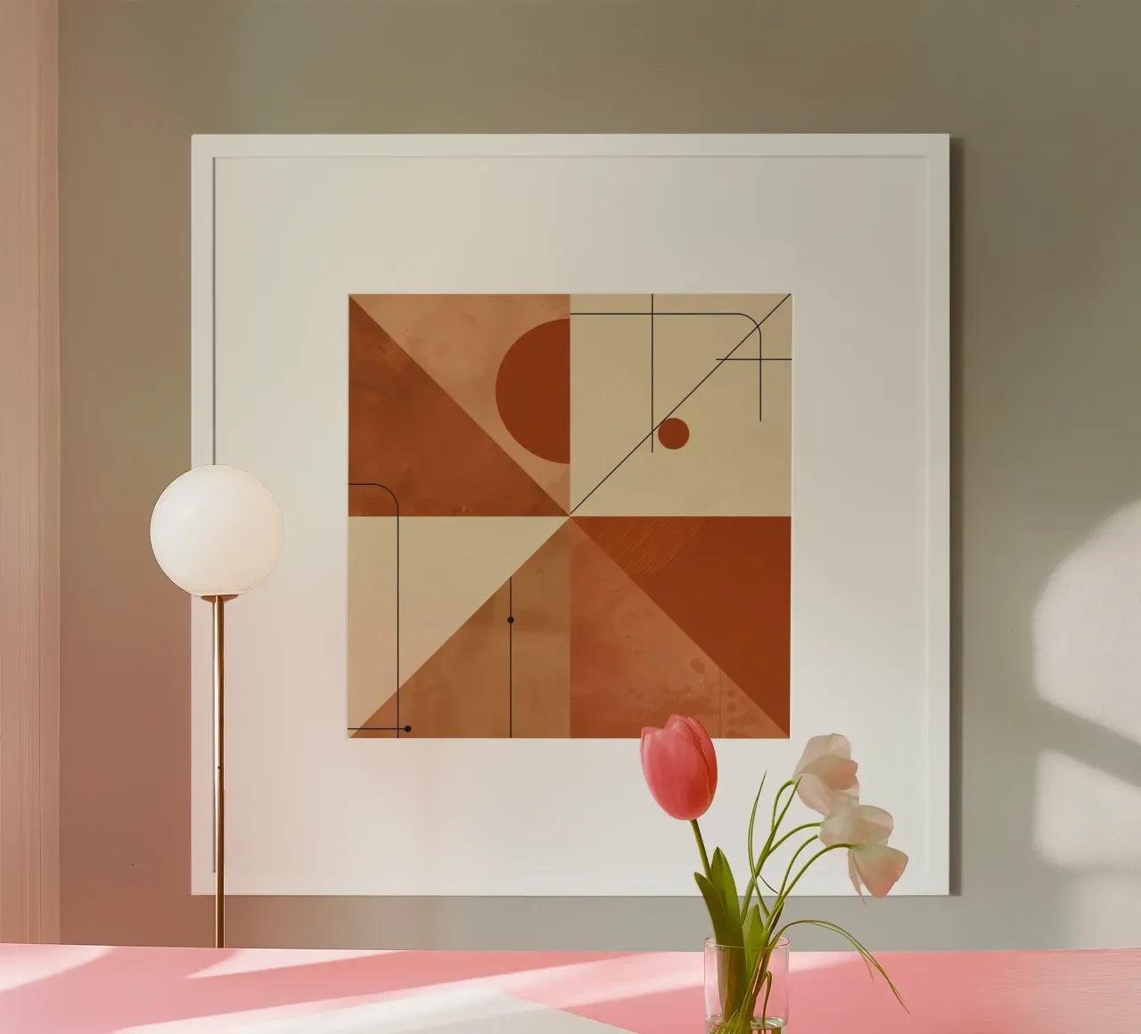 Geometric Abstract with Triangles Circles and Lines in Beige hahnemühle by DesignDoodle