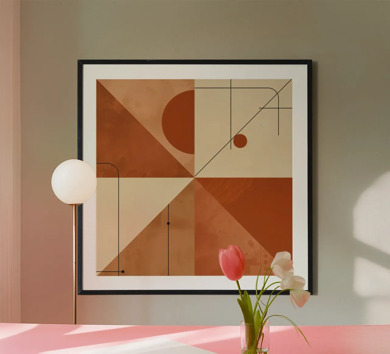 Geometric Abstract with Triangles Circles and Lines in Beige poster by DesignDoodle