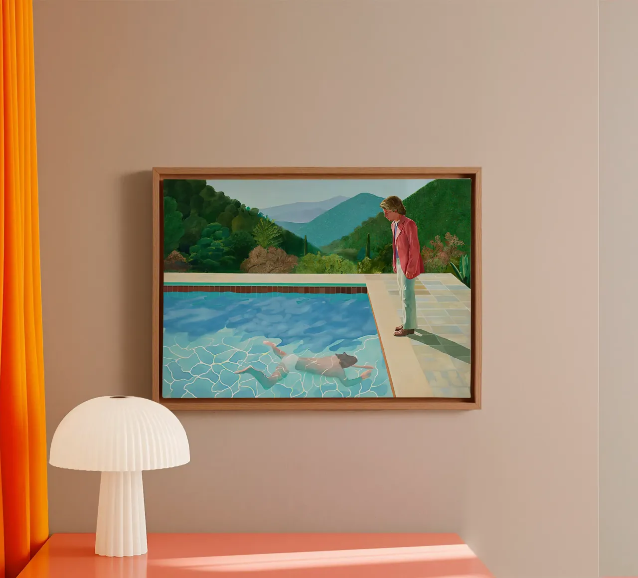 1972, Piscina con due figure David Hockney tela con Cornice a cassetta da mix mate