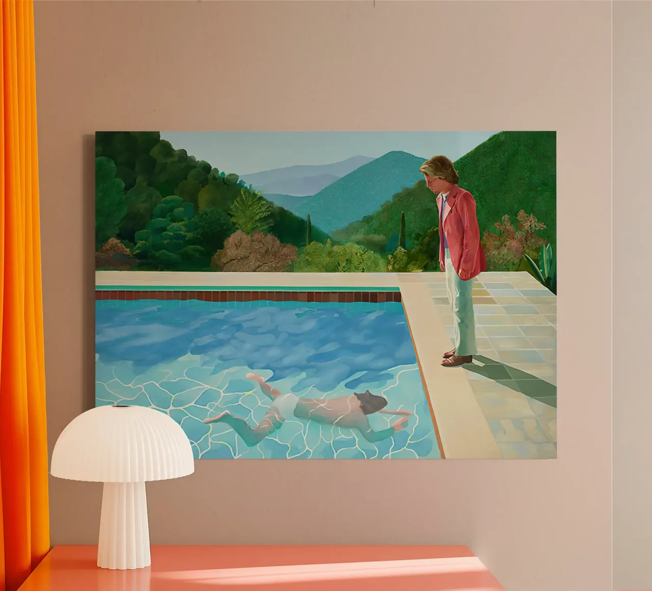 1972, Piscina con due figure David Hockney tela con Cornice a cassetta da mix mate