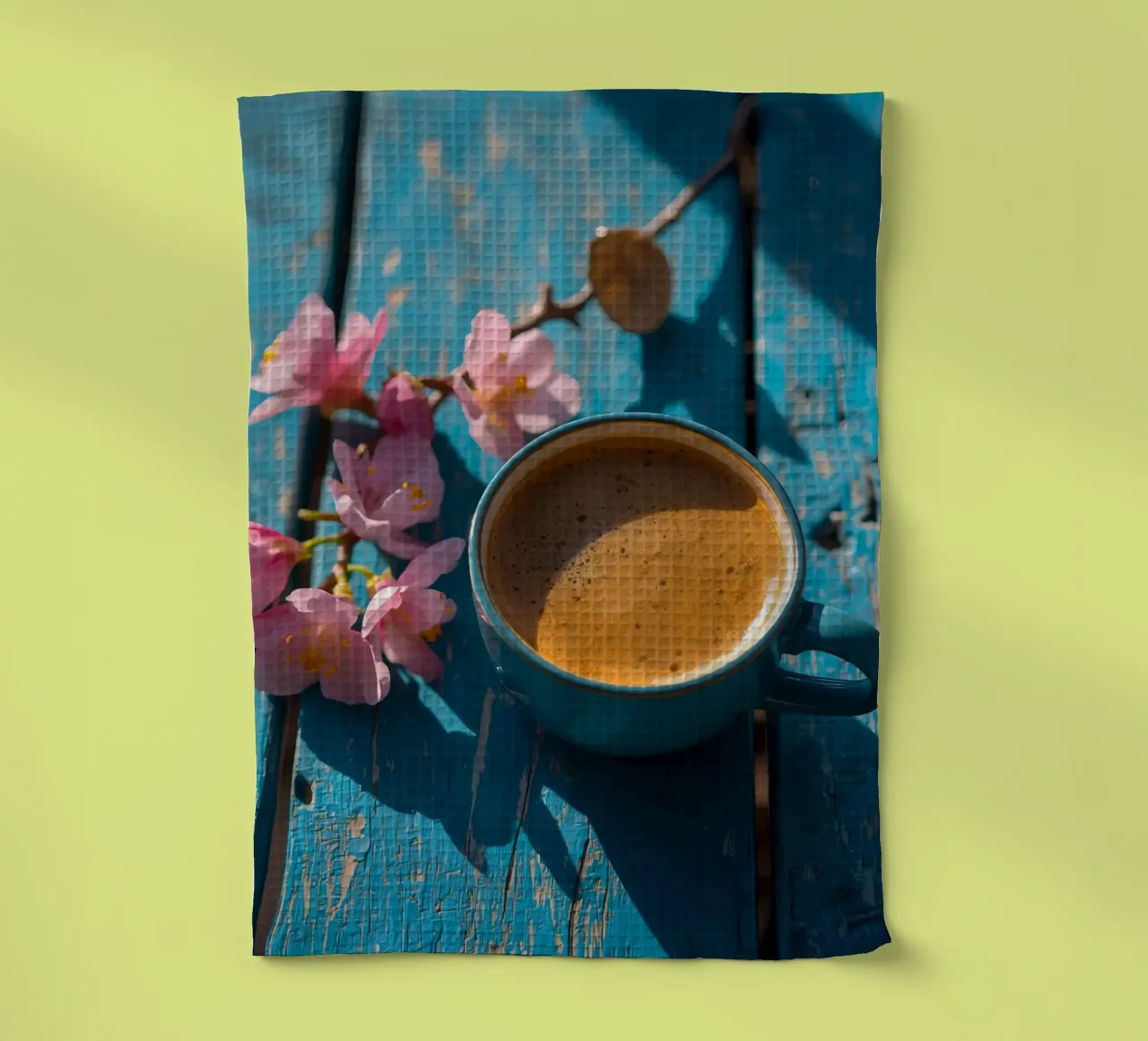 Tasse à café avec des fleurs sur une surface en bois bleu torchon de DesignDoodle
