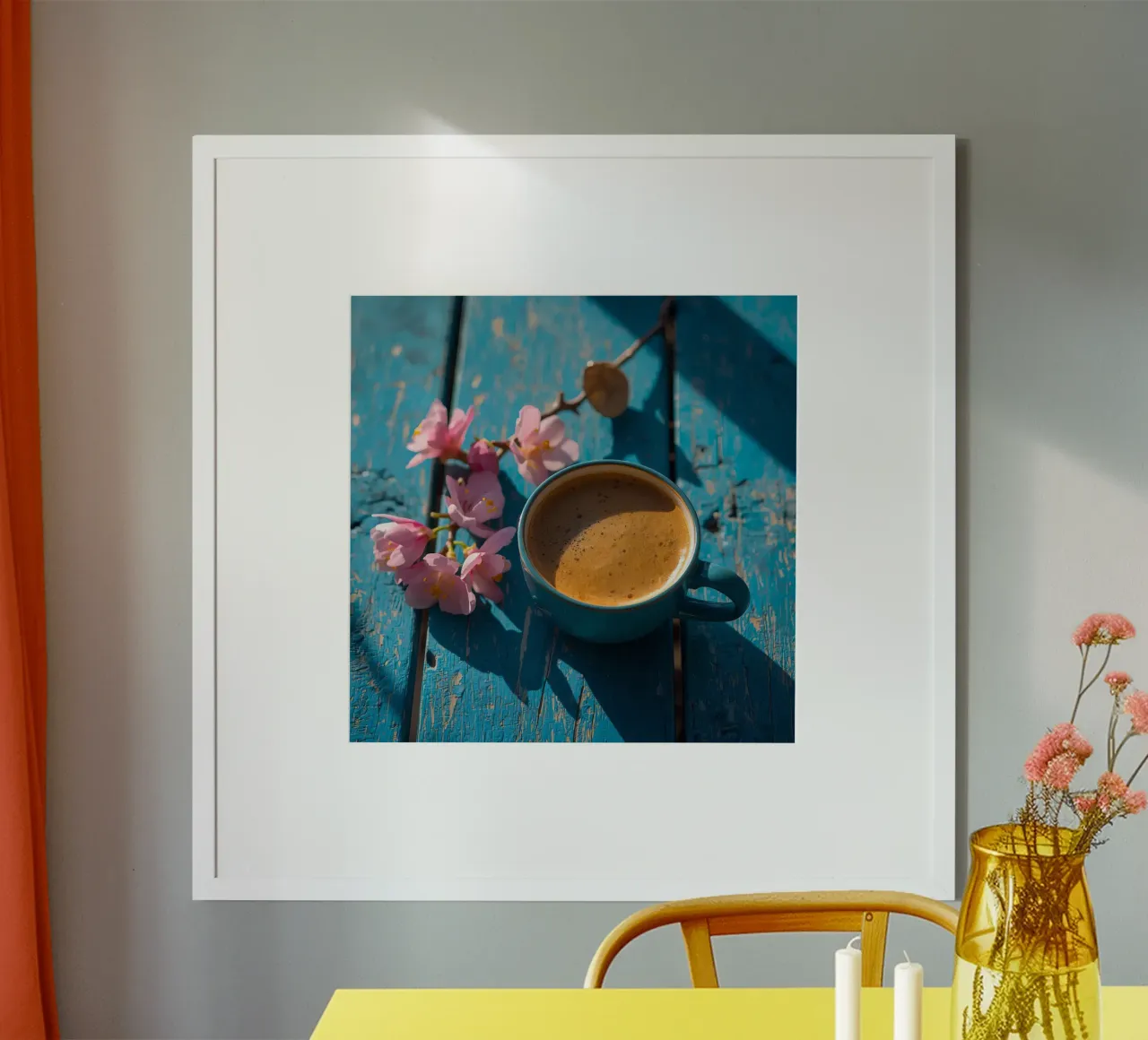 Tazza da caffè con fiori su superficie di legno blu poster da DesignDoodle