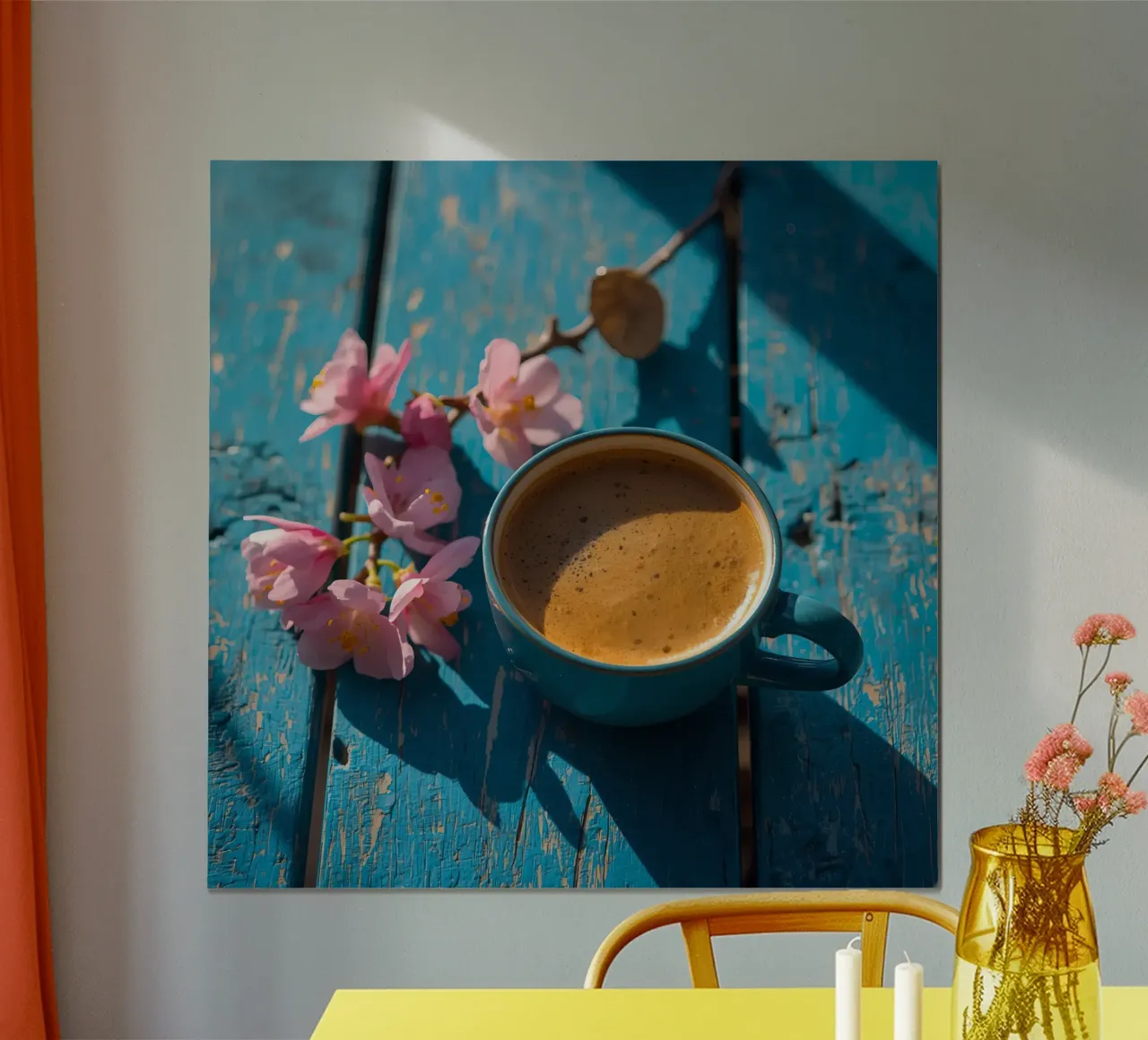 Tazza da caffè con fiori su superficie di legno blu poster da DesignDoodle