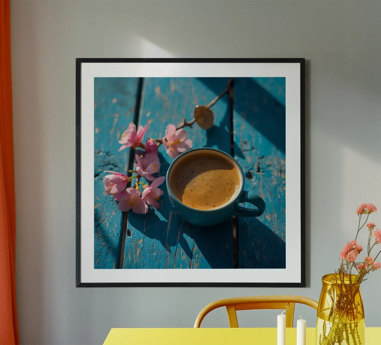 Tazza da caffè con fiori su superficie di legno blu poster da DesignDoodle