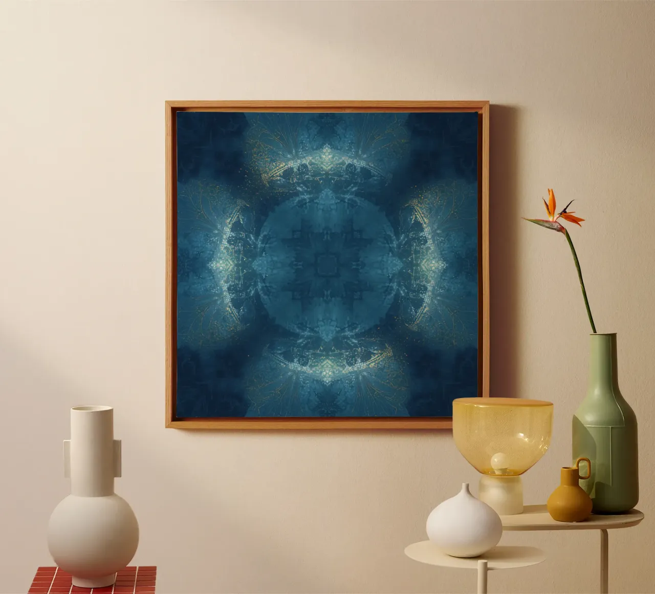 Blue and Gold Fractal Pattern Kaleidoscope Image canvas with Floater frame by DesignDoodle