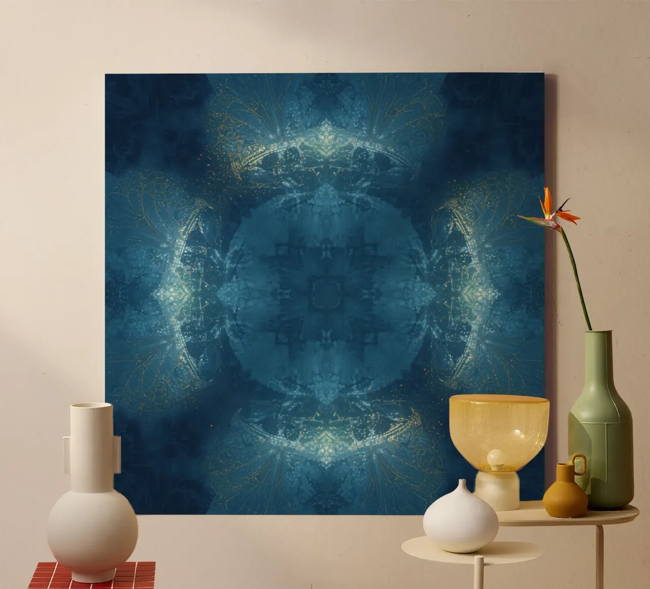 Blue and Gold Fractal Pattern Kaleidoscope Image canvas with Floater frame by DesignDoodle