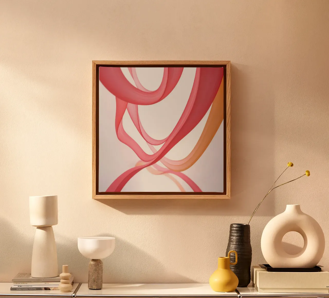 Abstract Ribbons Pink and Orange with Reflection canvas with Floater frame by DesignDoodle