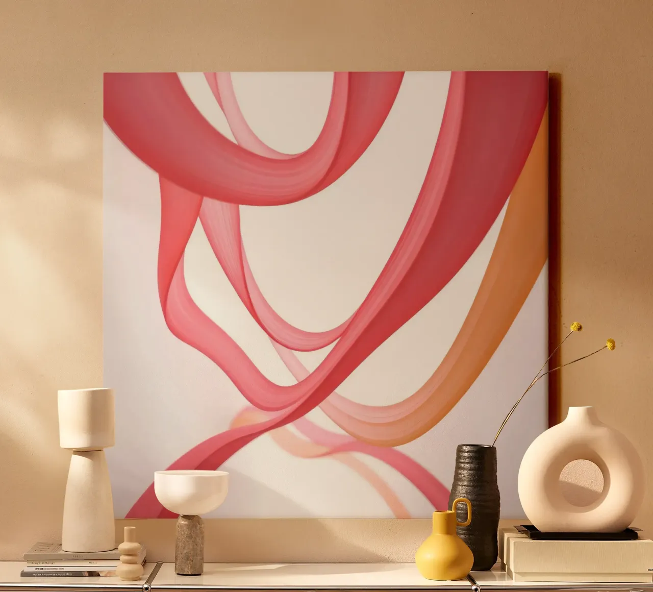 Abstract Ribbons Pink and Orange with Reflection canvas with Floater frame by DesignDoodle