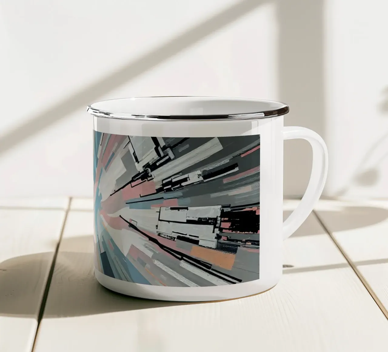 Composizione astratta a linee radiali con luce centrale tazza in smalto da DesignDoodle