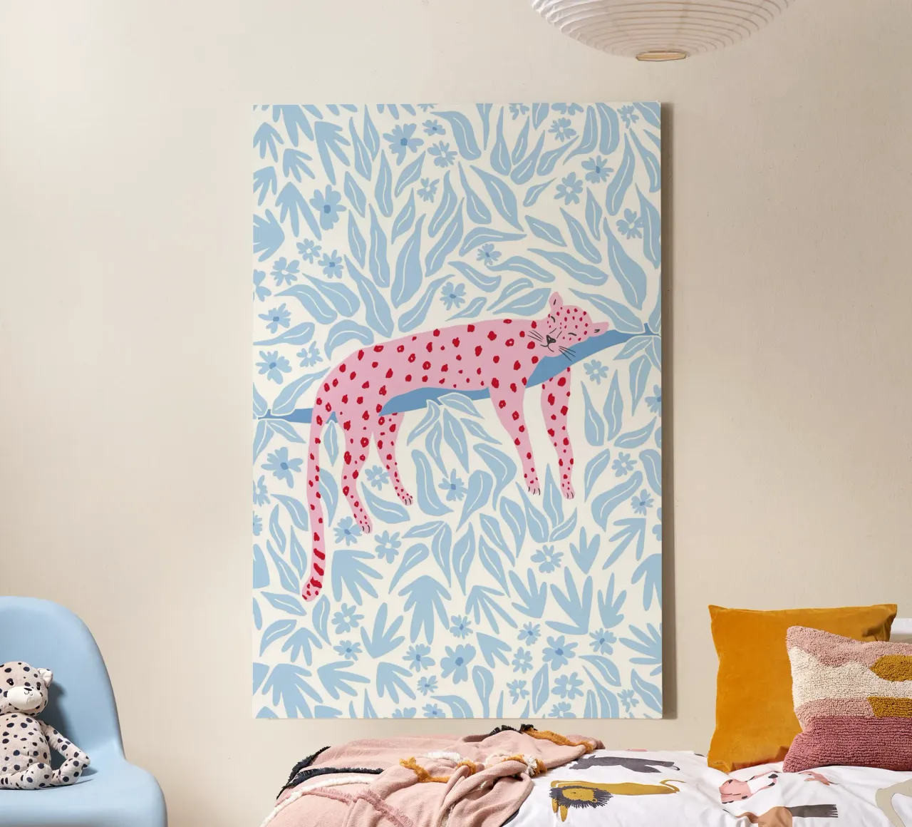 Sleeping leopard - pink and light blue canvas met Baklijst van Vivdesign