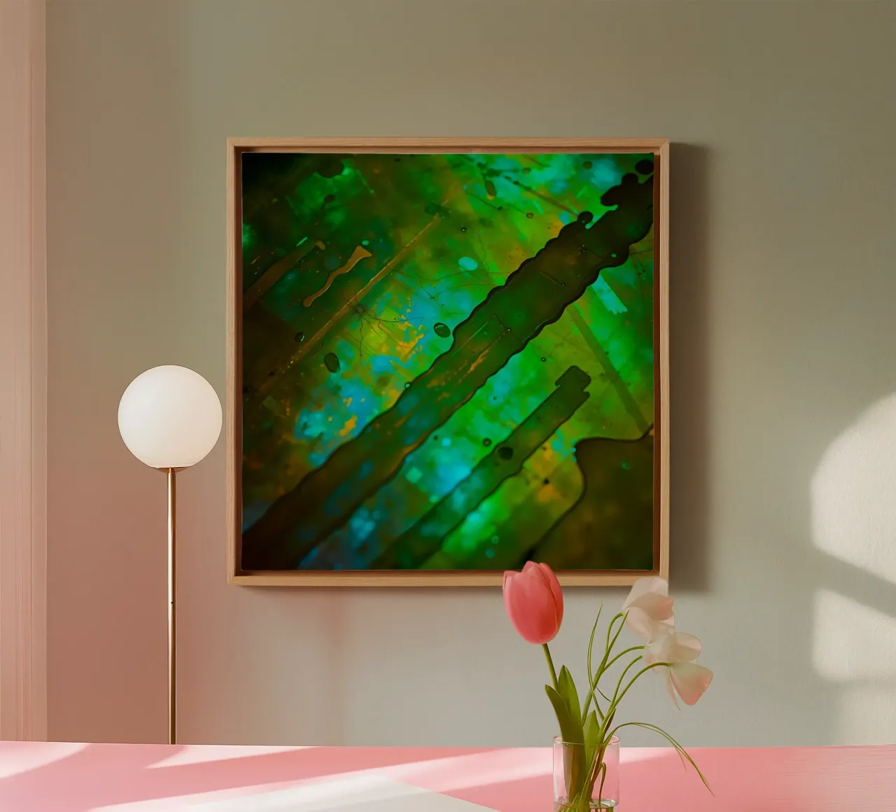 Abstracte groene en blauwe vloeiende lijnen op achtergrond canvas met Baklijst van DesignDoodle