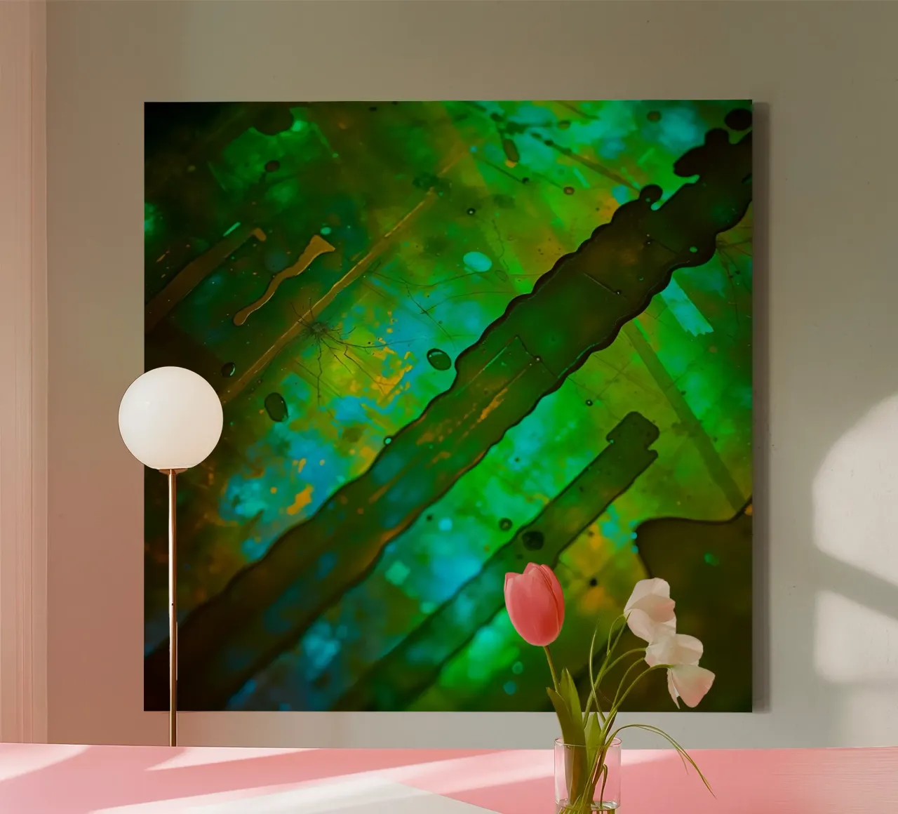 Abstracte groene en blauwe vloeiende lijnen op achtergrond canvas met Baklijst van DesignDoodle