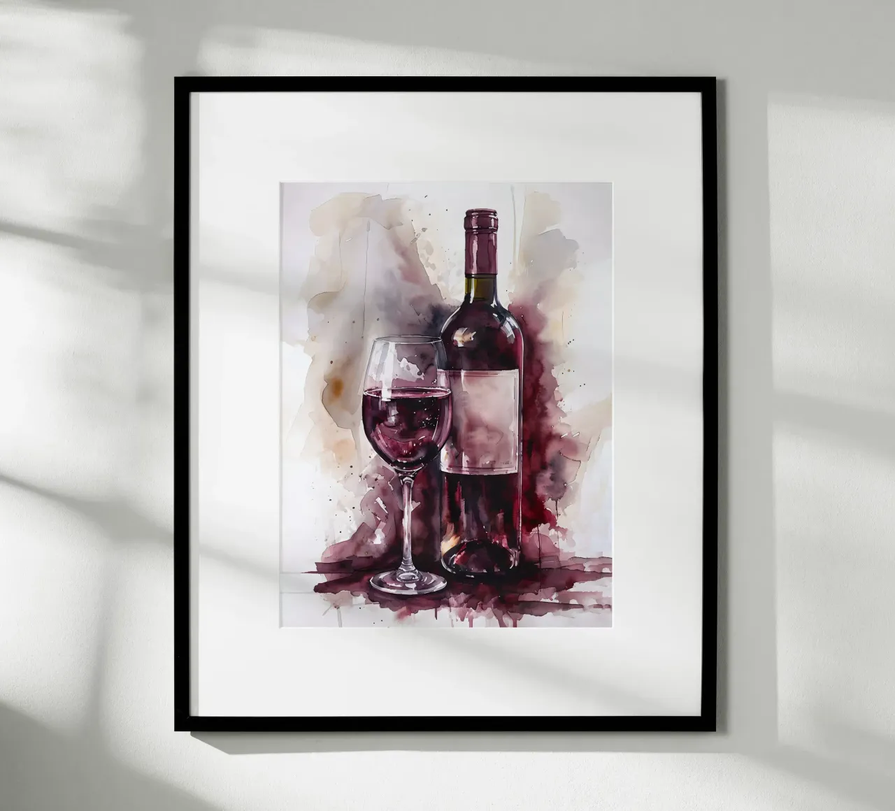 Bottiglia di vino e bicchiere acquerellati poster con telaio in legno da 🎁 ARTVI-SHOP