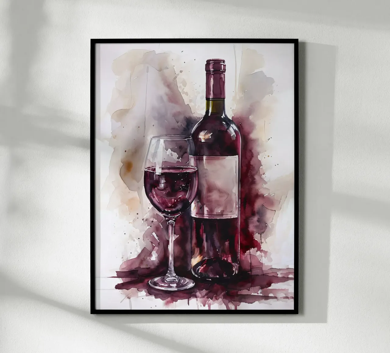 Bottiglia di vino e bicchiere acquerellati poster con telaio in legno da 🎁 ARTVI-SHOP