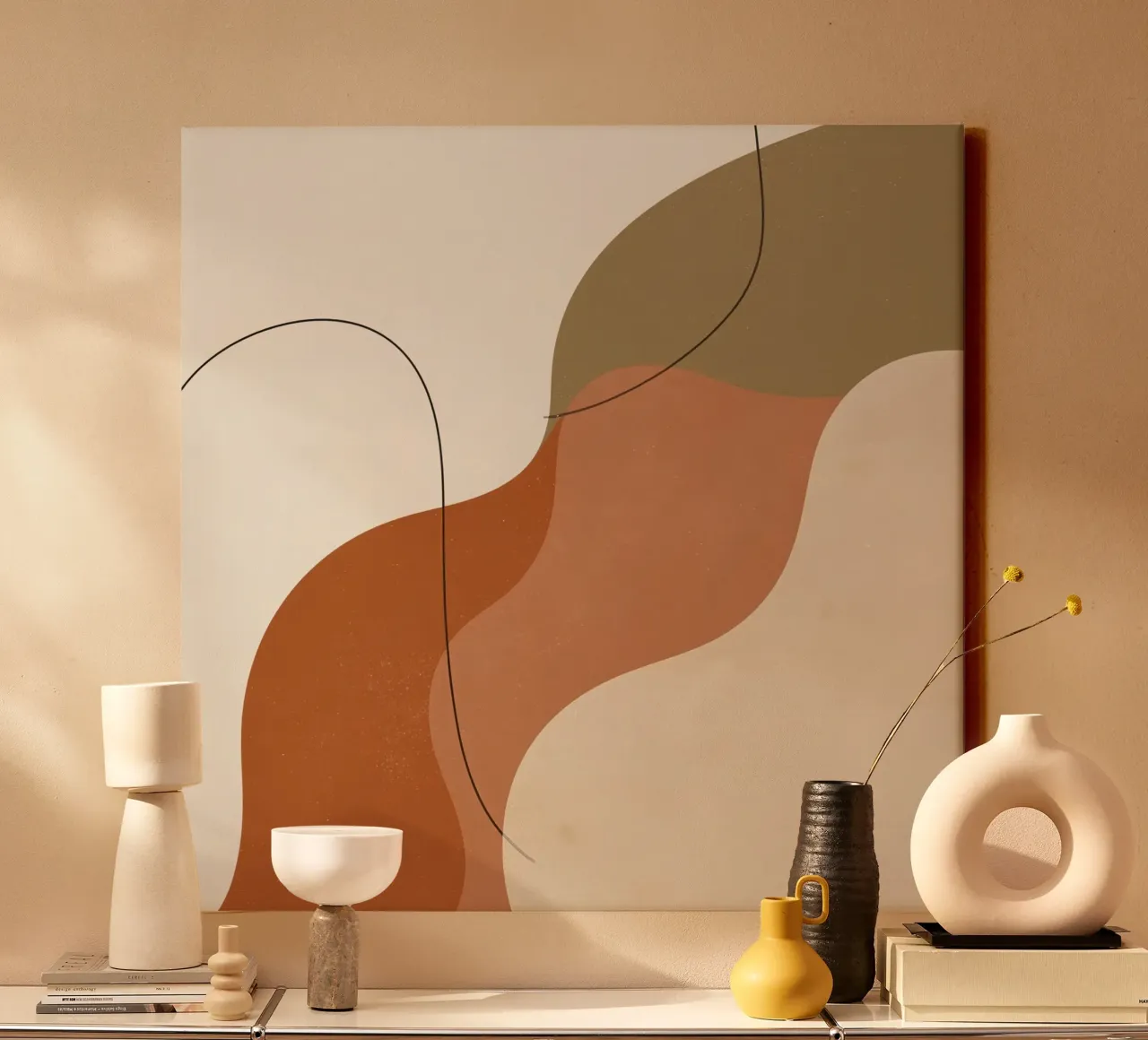 Forme astratte dai toni della terra con linee nere tela con Cornice a cassetta da DesignDoodle