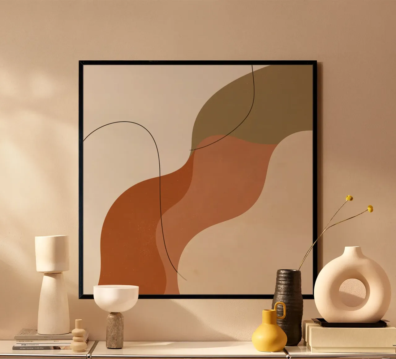 Forme astratte dai toni della terra con linee nere poster con telaio in plastica da DesignDoodle