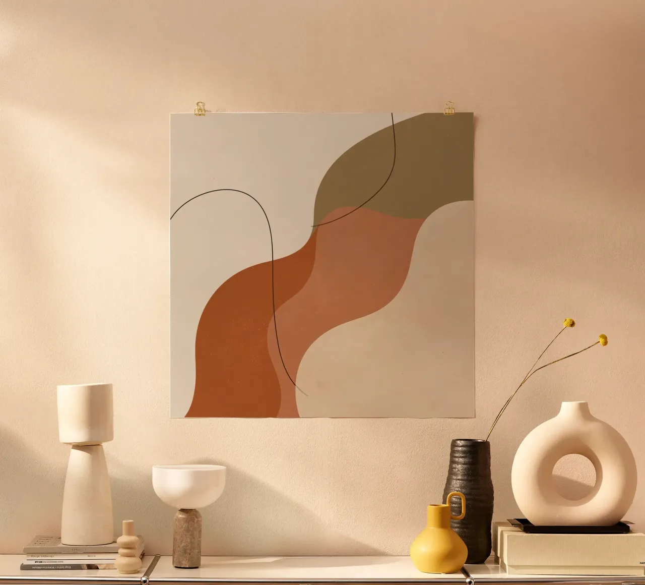 Forme astratte dai toni della terra con linee nere poster con telaio in plastica da DesignDoodle