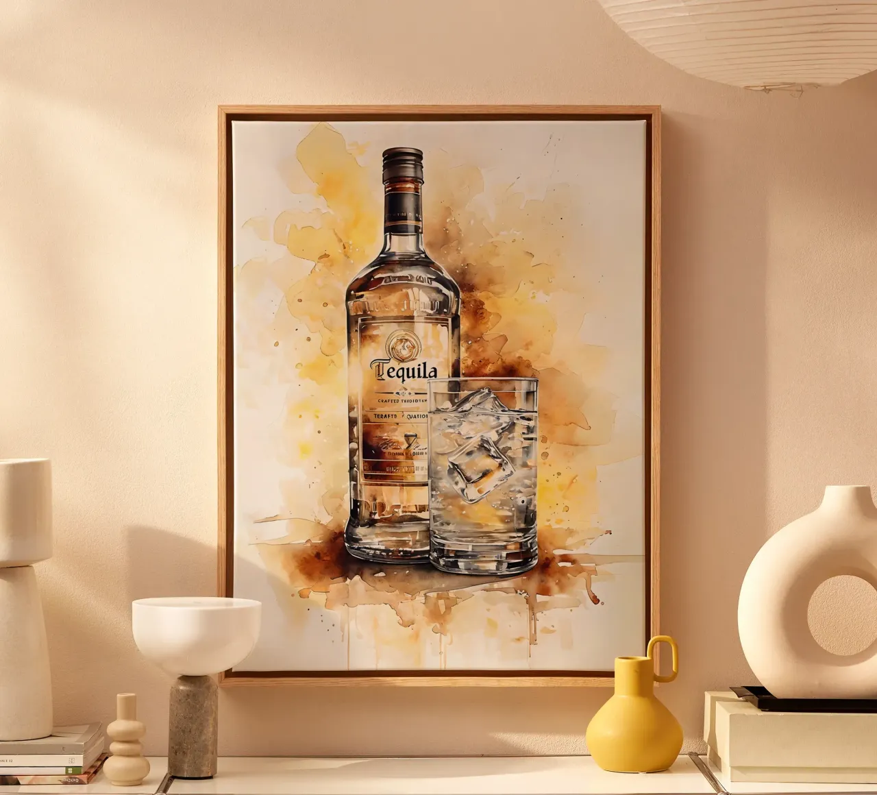 Tequila fles en glas aquarel schilderij canvas met Baklijst van 🎁 ARTVI-SHOP