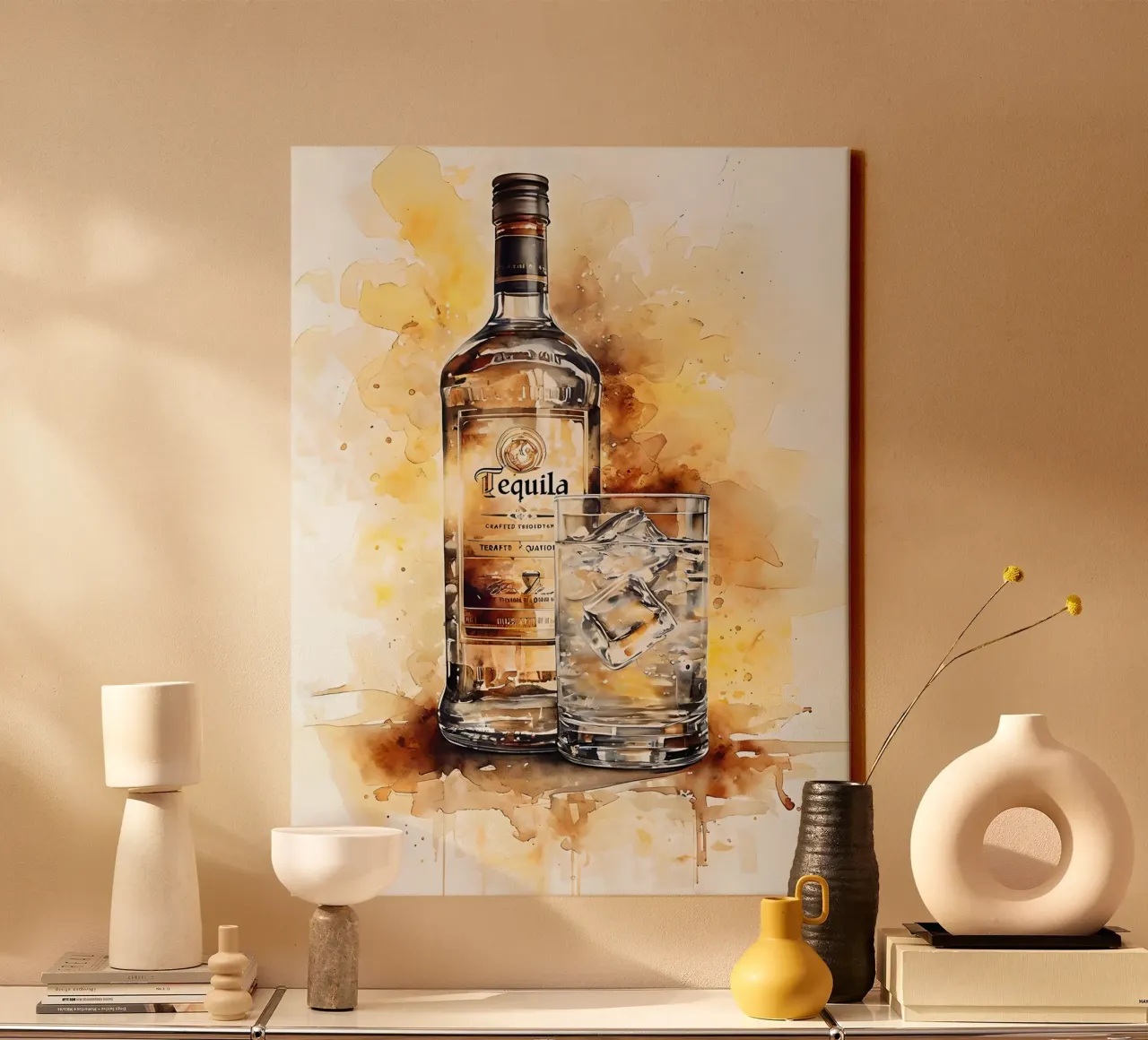 Tequila fles en glas aquarel schilderij canvas met Baklijst van 🎁 ARTVI-SHOP