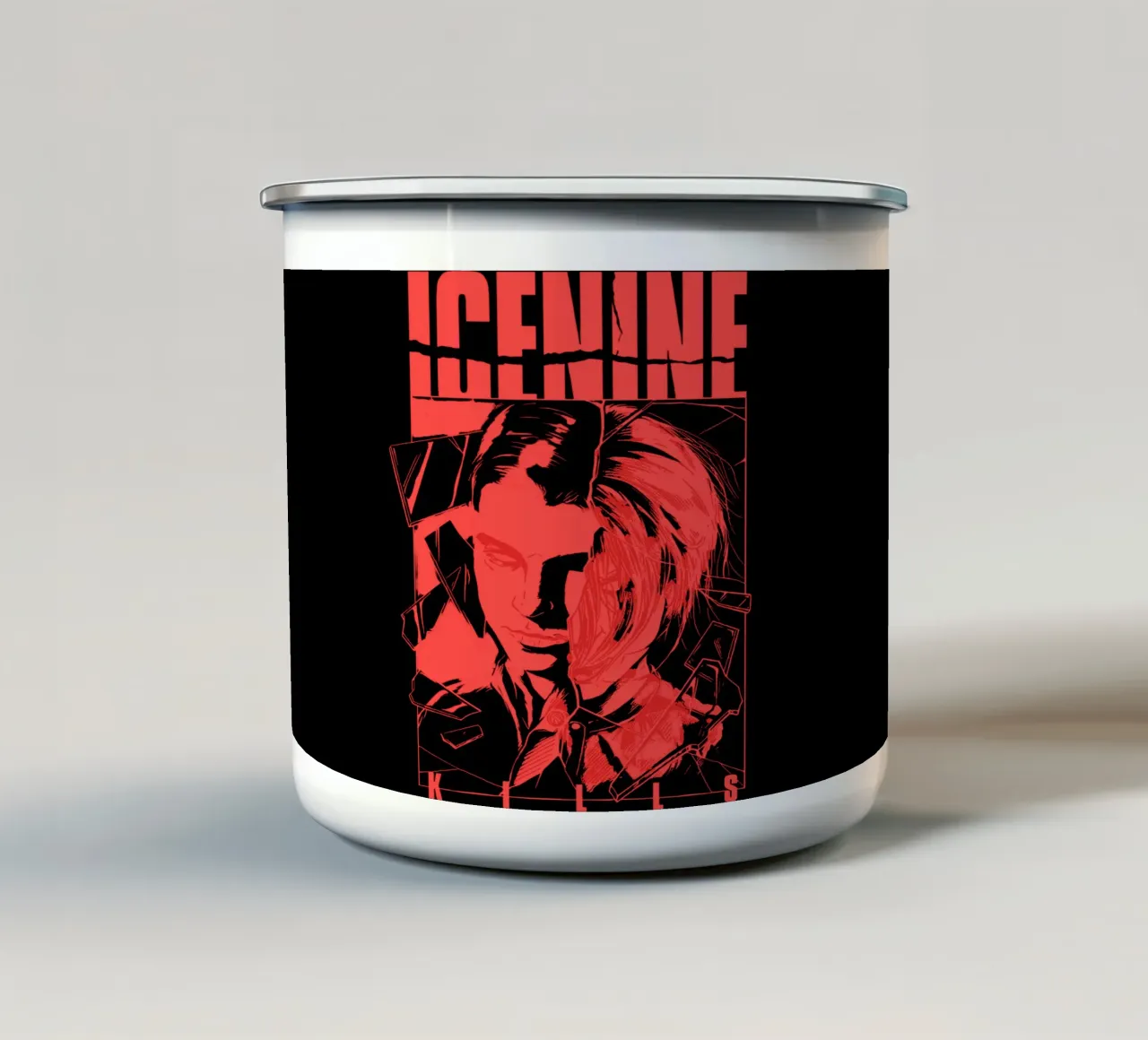 Maglietta "L'uomo rosso di Icenine uccide". tazza in smalto da igoshartwrks