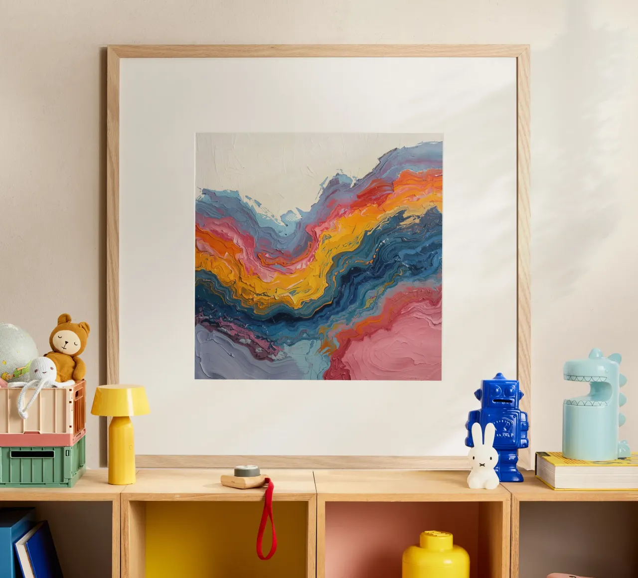 Pittura astratta ad impasto con bande colorate testurizzate poster con telaio in alluminio da DesignDoodle