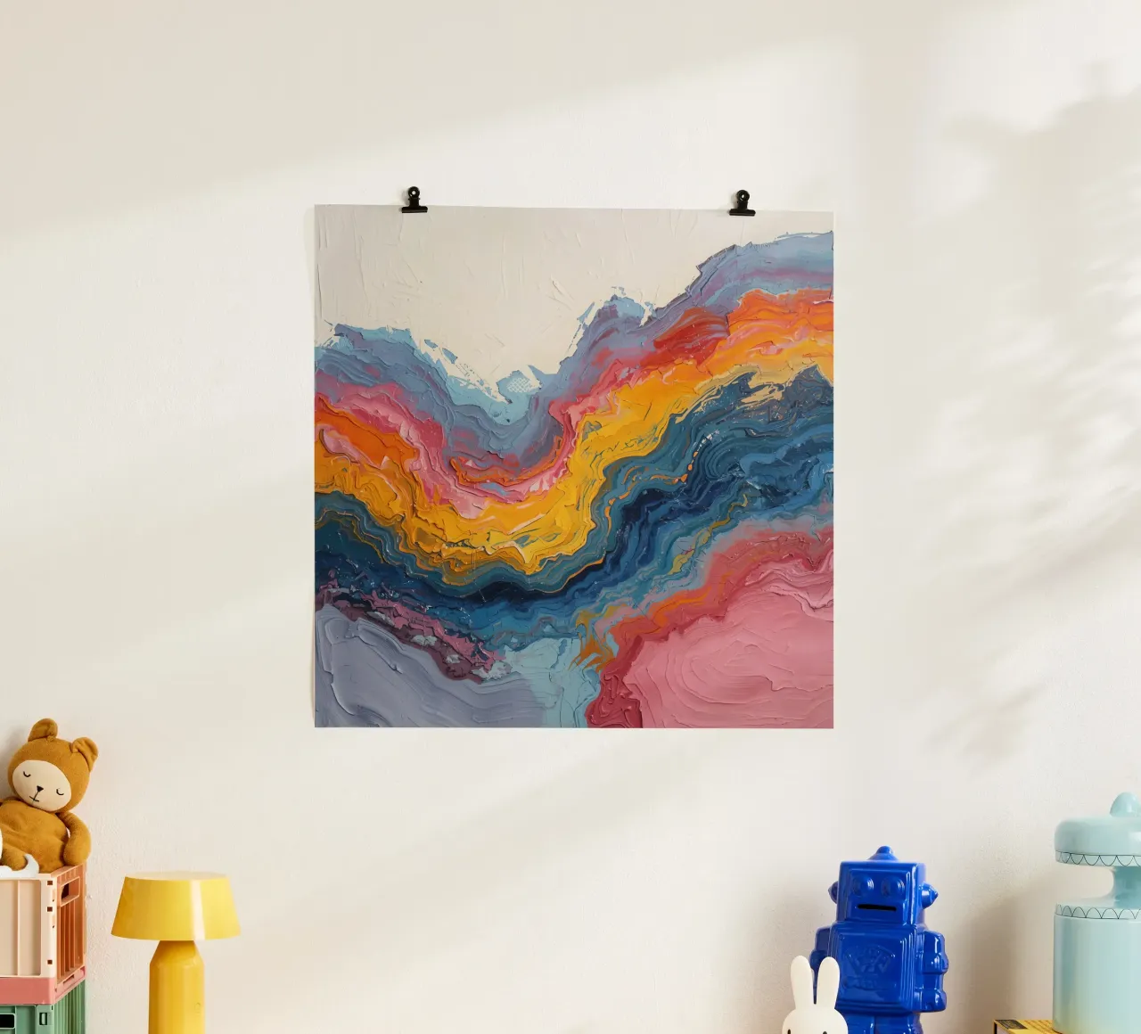 Pittura astratta ad impasto con bande colorate testurizzate poster con telaio in alluminio da DesignDoodle